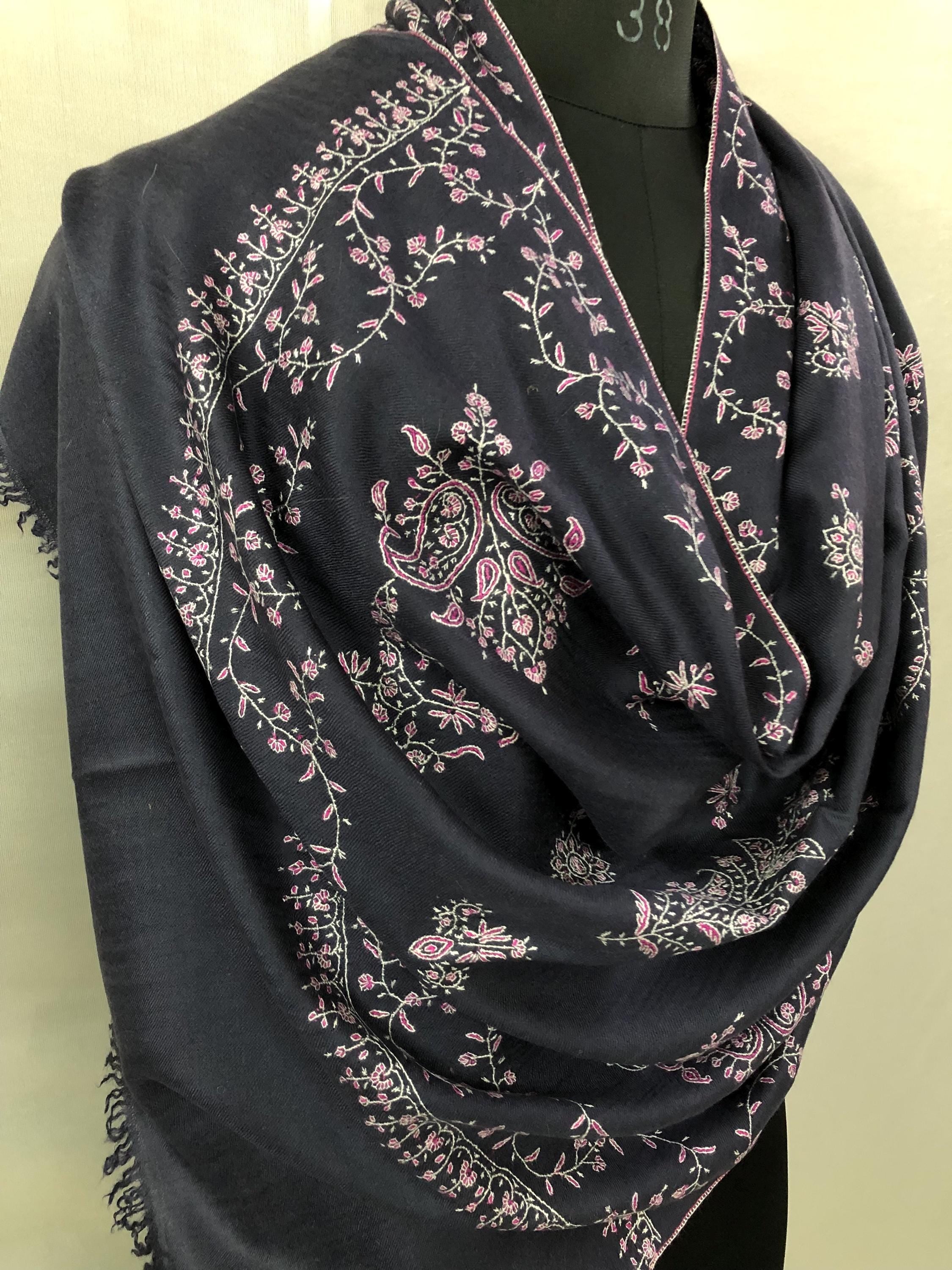 Handmade Pashmina Stole: Dark Gray Blue Cashmere Scarf with Pink Embroidery