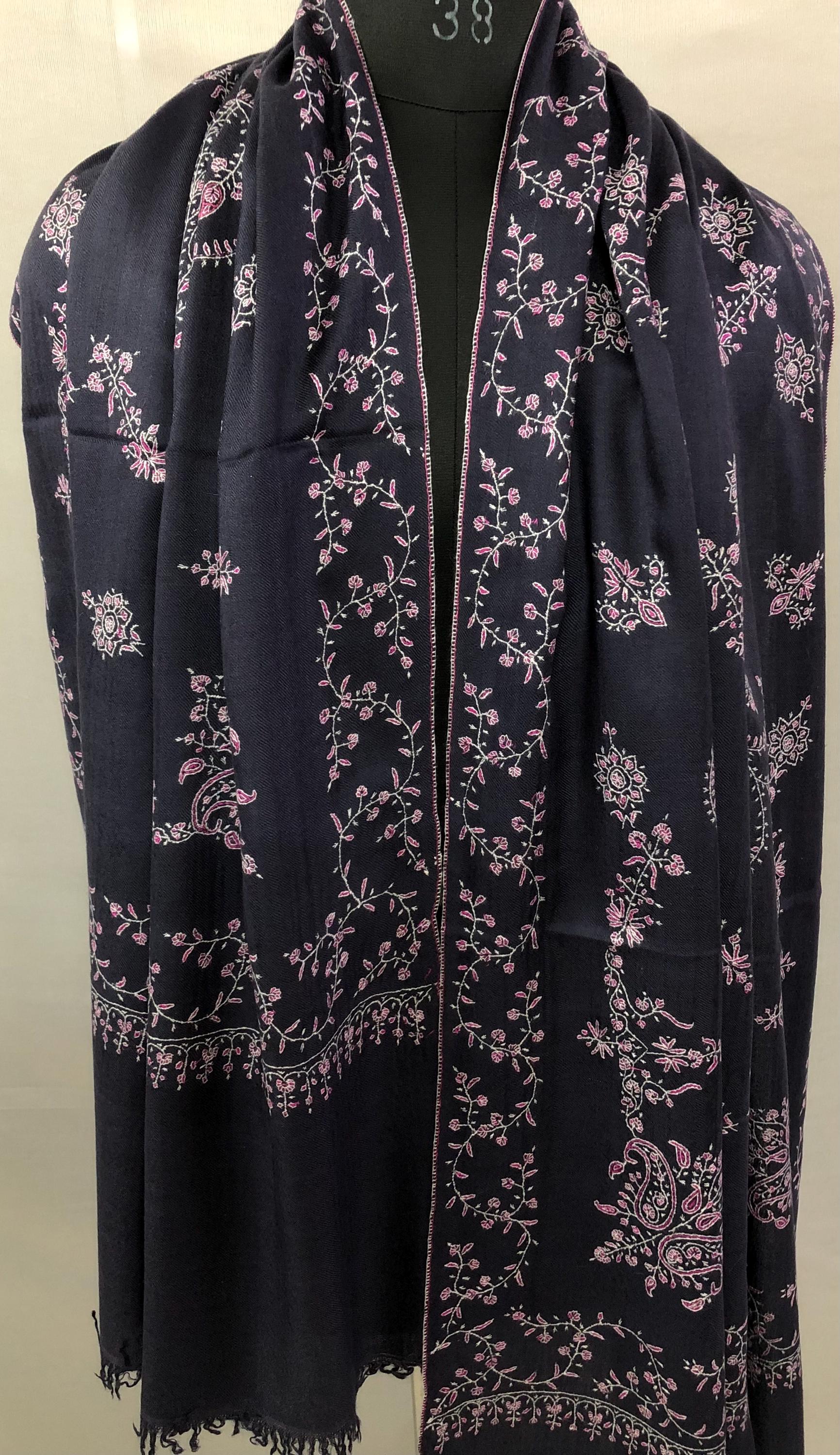 Handmade Pashmina Stole: Dark Gray Blue Cashmere Scarf with Pink Embroidery