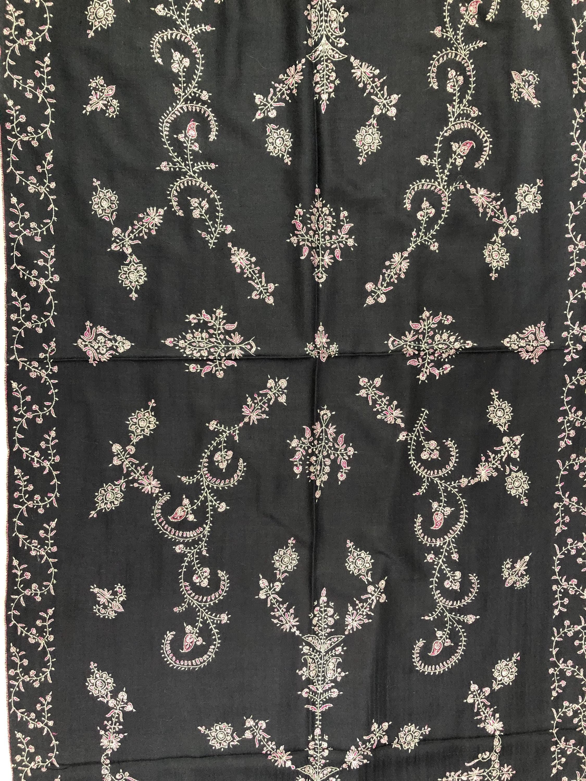 Dark Grayish Blue Handmade Real Pashmina Stole with Pink Modern Design Embroidery Design - Mehraj Crafts 