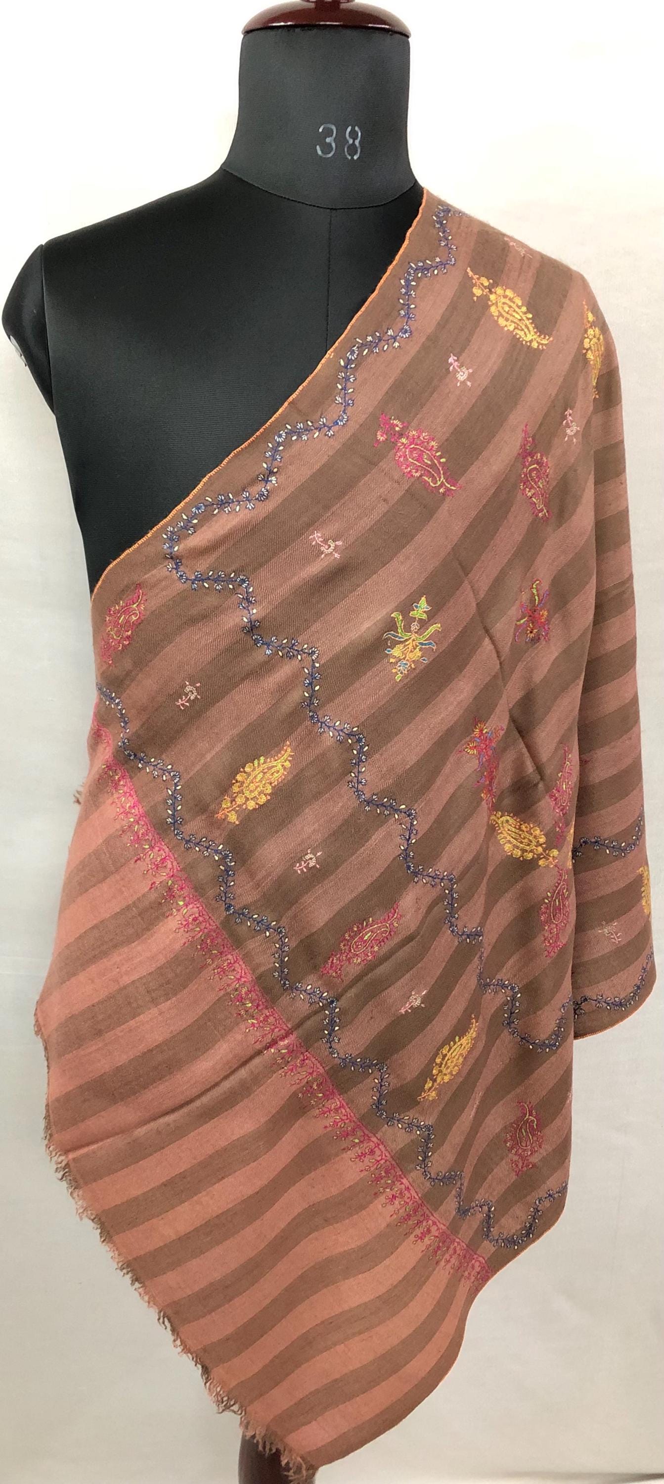 Rustic Clove Brown Handmade Stripes Real Pashmina Stole with Multiple Modern Embroidery Designs - Mehraj Crafts 
