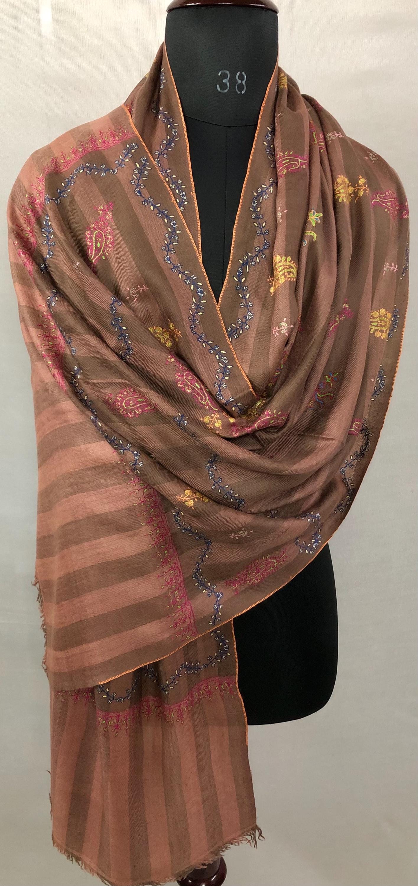 Handmade Embroidered Pashmina Stole: Rustic Clove Brown Cashmere Shawl