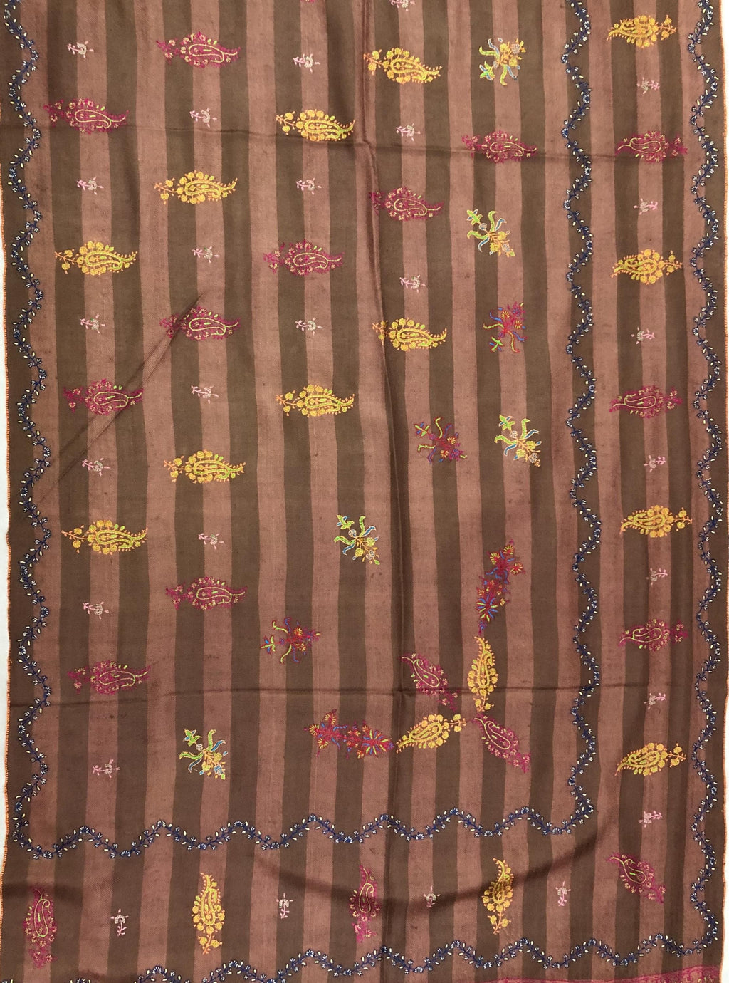 Rustic Clove Brown Handmade Stripes Real Pashmina Stole with Multiple Modern Embroidery Designs - Mehraj Crafts 