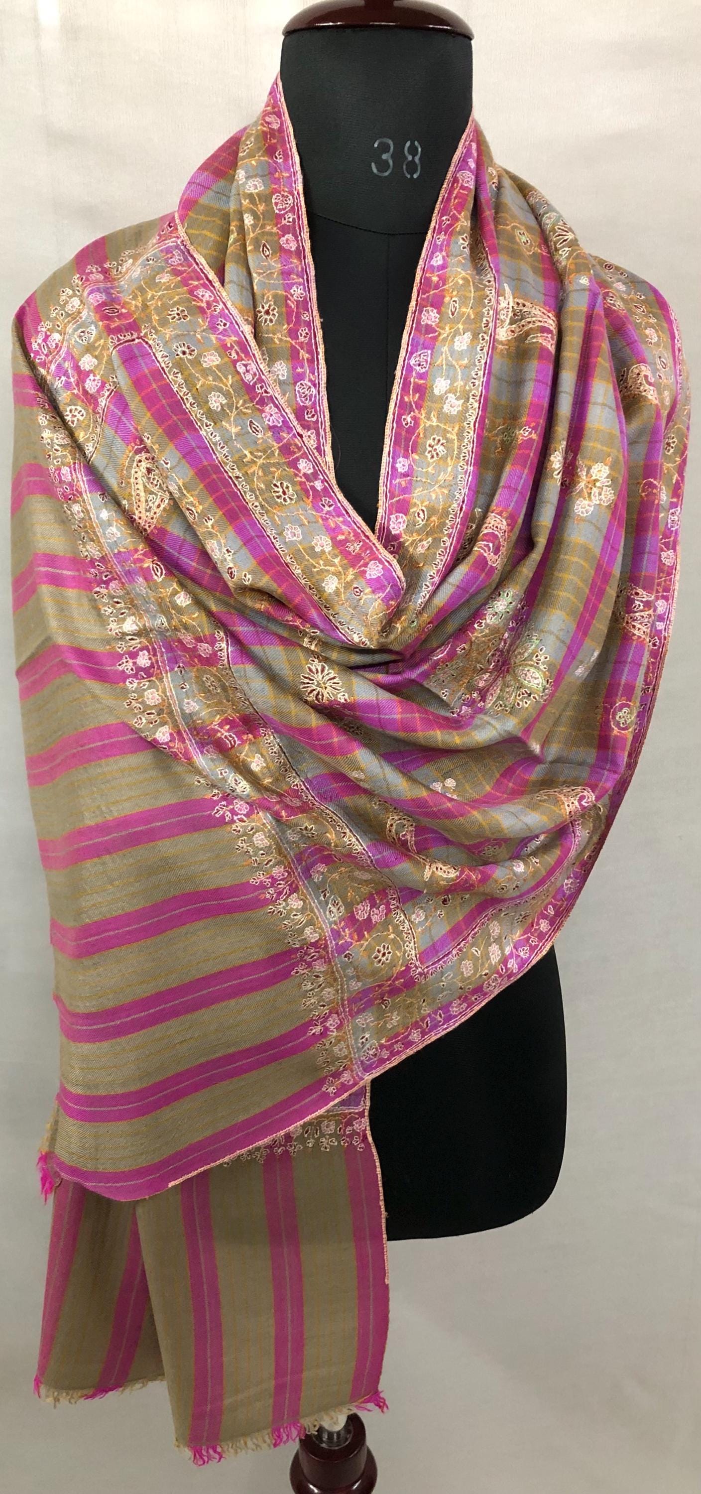 Pink and Brown Tattersall Checkered Sozni Fine Modern Embroidery Pure Pashmina Stole - Mehraj Crafts 