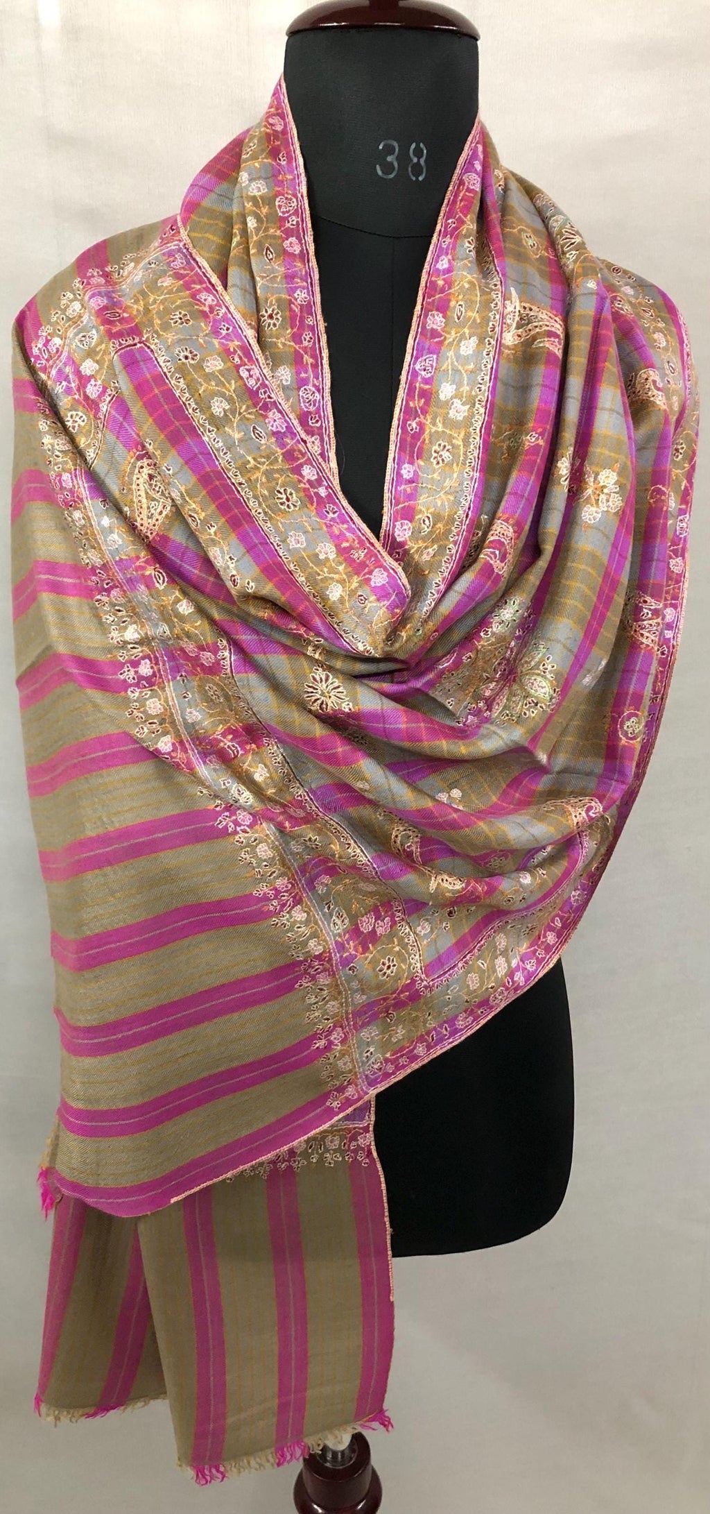 Handmade Pashmina Stole: Pink Brown Tattersall Sozni Embroidery