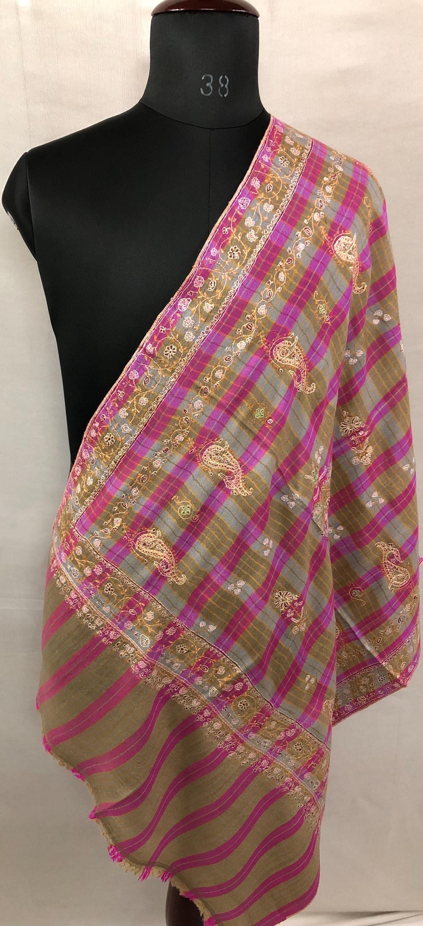 Pink and Brown Tattersall Checkered Sozni Fine Modern Embroidery Pure Pashmina Stole - Mehraj Crafts 