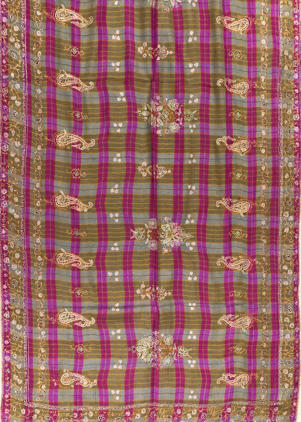 Pink and Brown Tattersall Checkered Sozni Fine Modern Embroidery Pure Pashmina Stole - Mehraj Crafts 