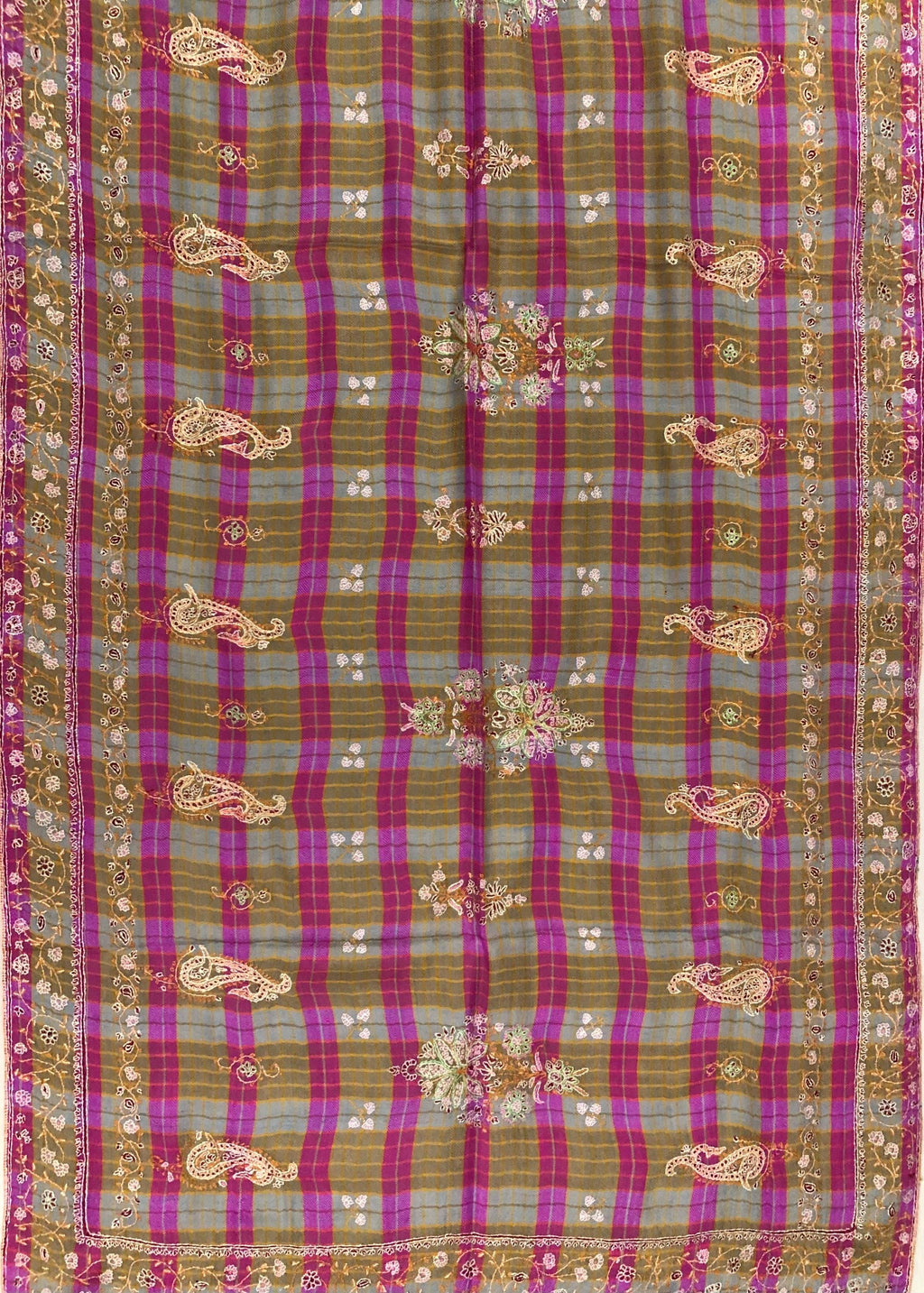 Handmade Pashmina Stole: Pink Brown Tattersall Sozni Embroidery