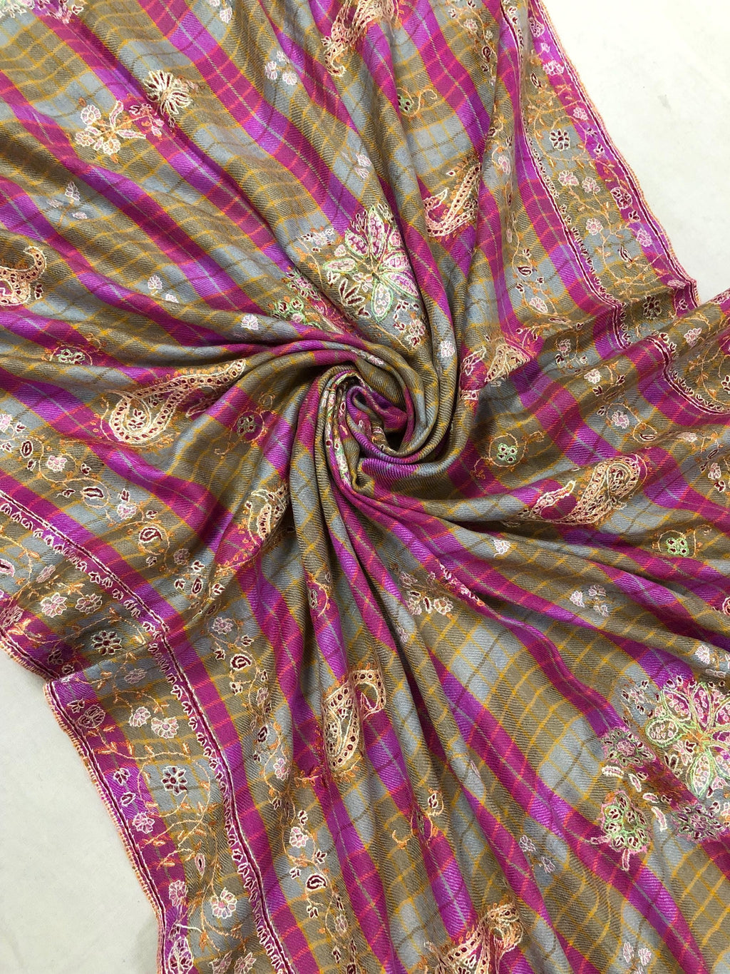 Pink and Brown Tattersall Checkered Sozni Fine Modern Embroidery Pure Pashmina Stole - Mehraj Crafts 