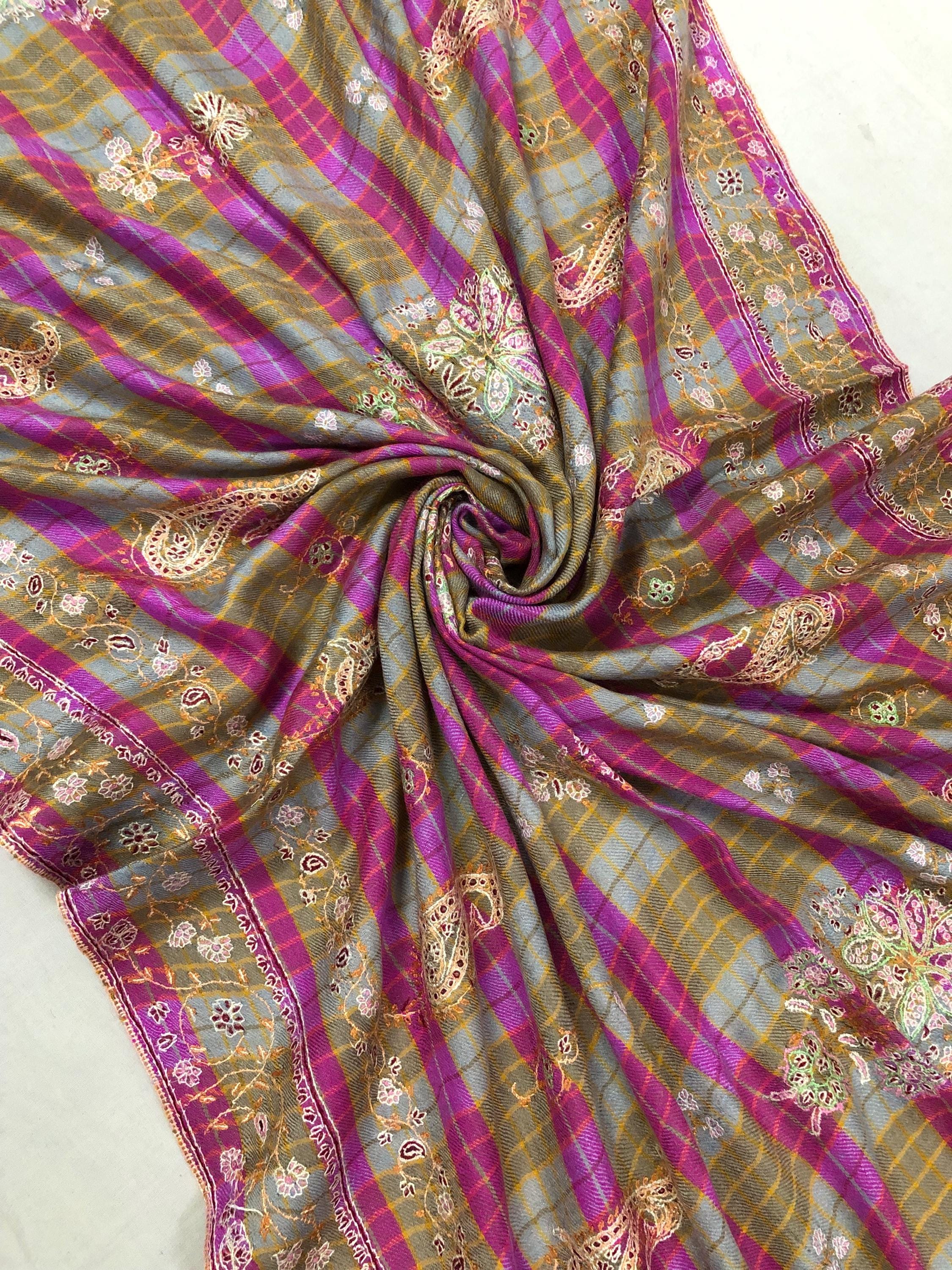 Pink and Brown Tattersall Checkered Sozni Fine Modern Embroidery Pure Pashmina Stole - Mehraj Crafts 