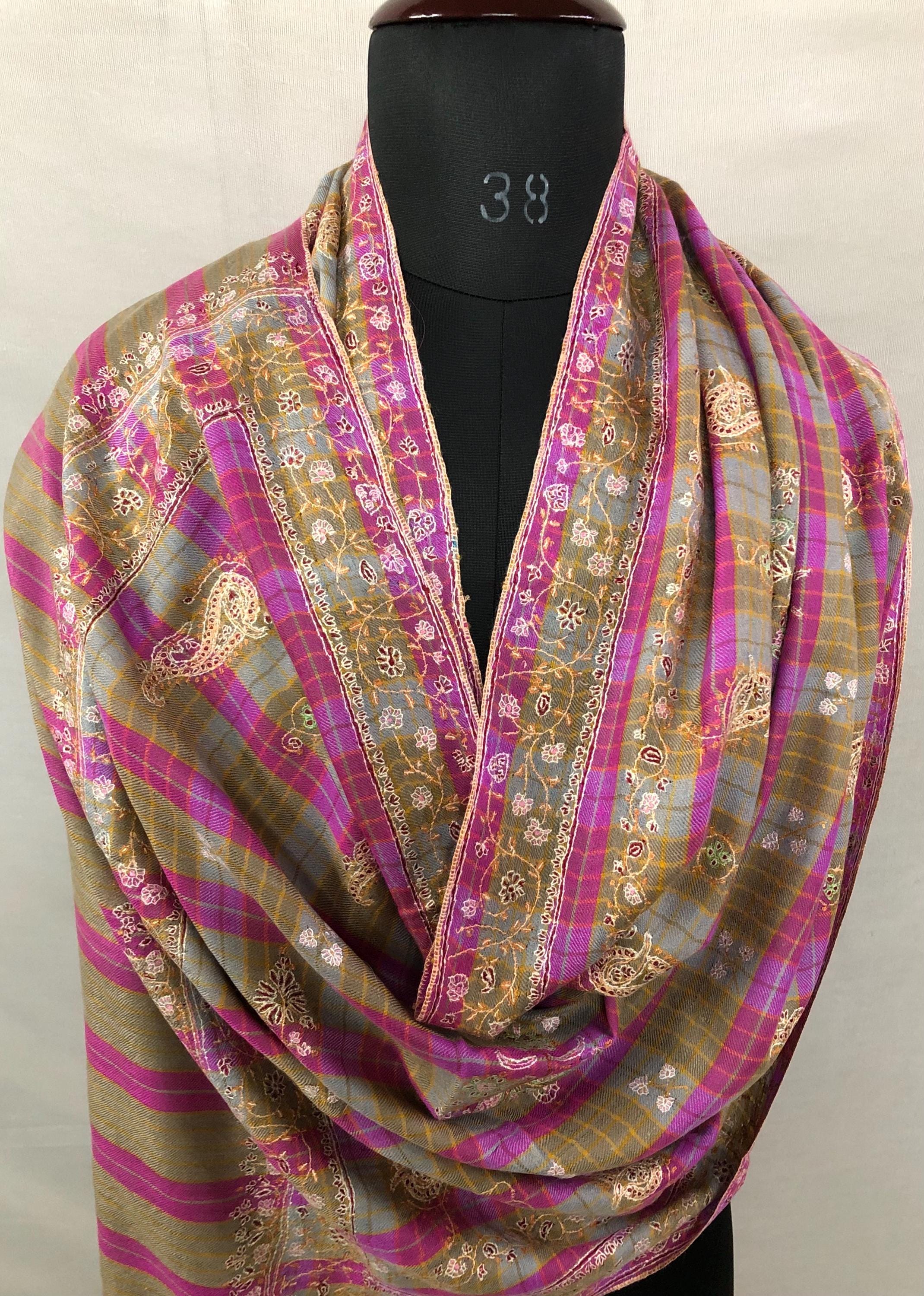 Pink and Brown Tattersall Checkered Sozni Fine Modern Embroidery Pure Pashmina Stole - Mehraj Crafts 