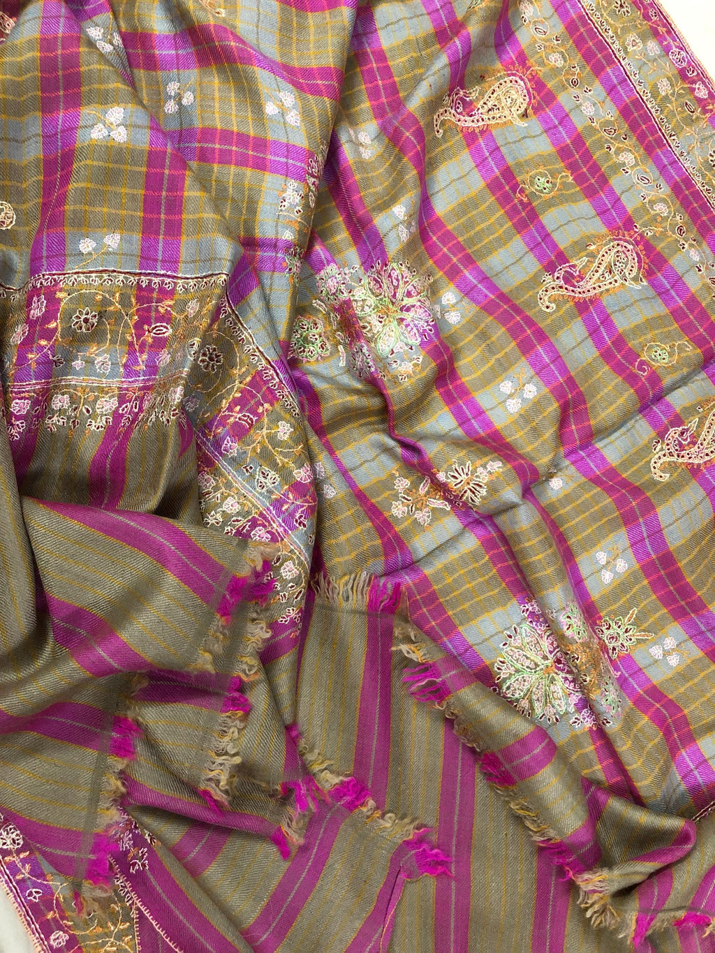 Pink and Brown Tattersall Checkered Sozni Fine Modern Embroidery Pure Pashmina Stole - Mehraj Crafts 