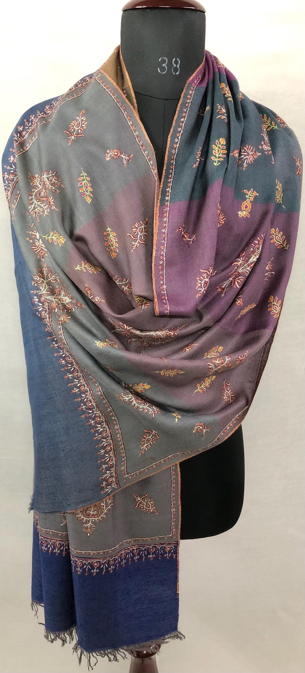 Multicoloured Big Stripes Handmade Super Micro Fine Embroidered Real Cashmere Pashmina Stole - Mehraj Crafts 