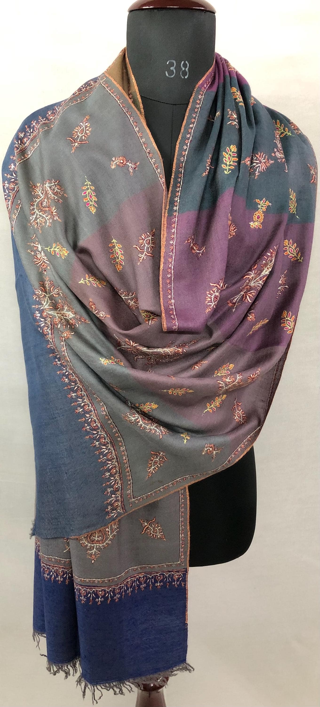 Multicoloured Big Stripes Handmade Super Micro Fine Embroidered Real Cashmere Pashmina Stole - Mehraj Crafts 