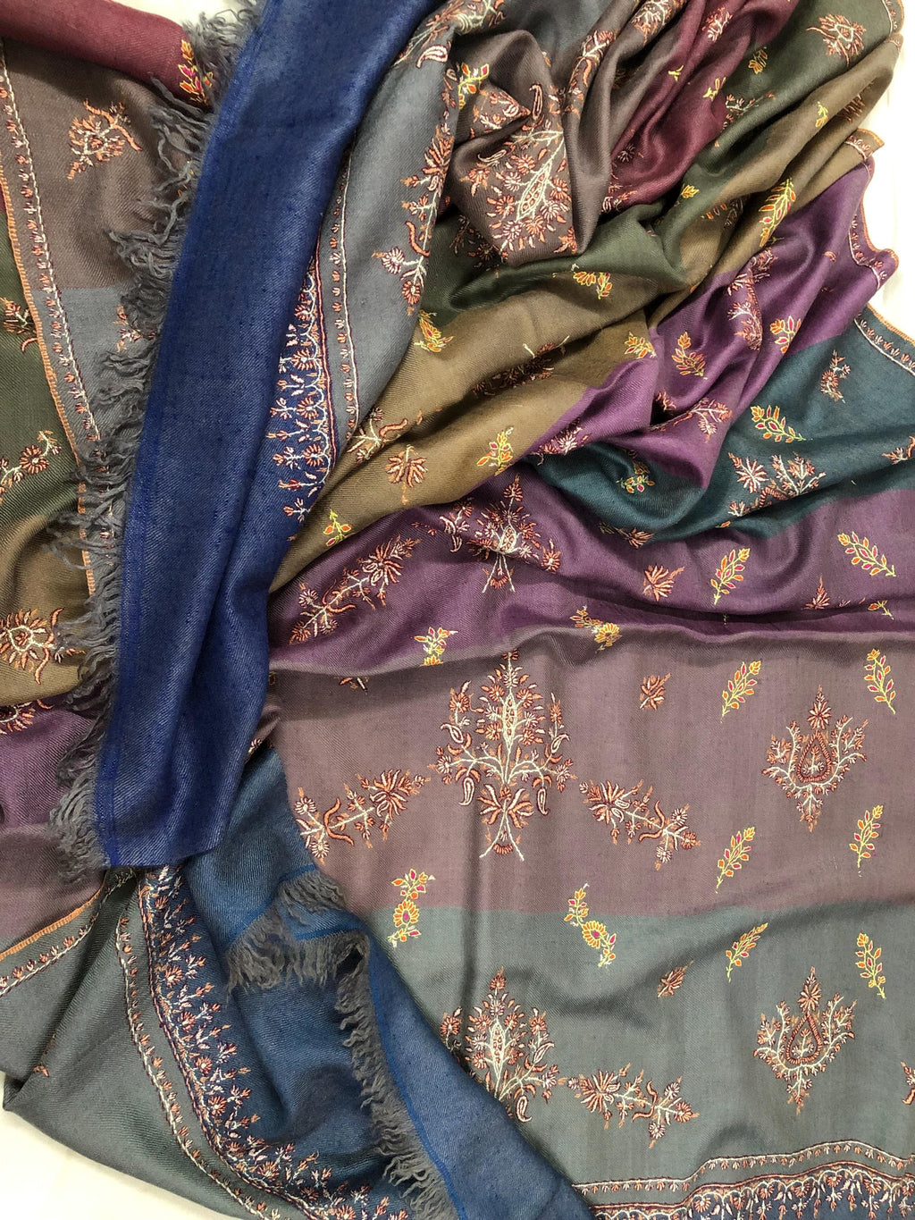 Multicoloured Big Stripes Handmade Super Micro Fine Embroidered Real Cashmere Pashmina Stole - Mehraj Crafts 