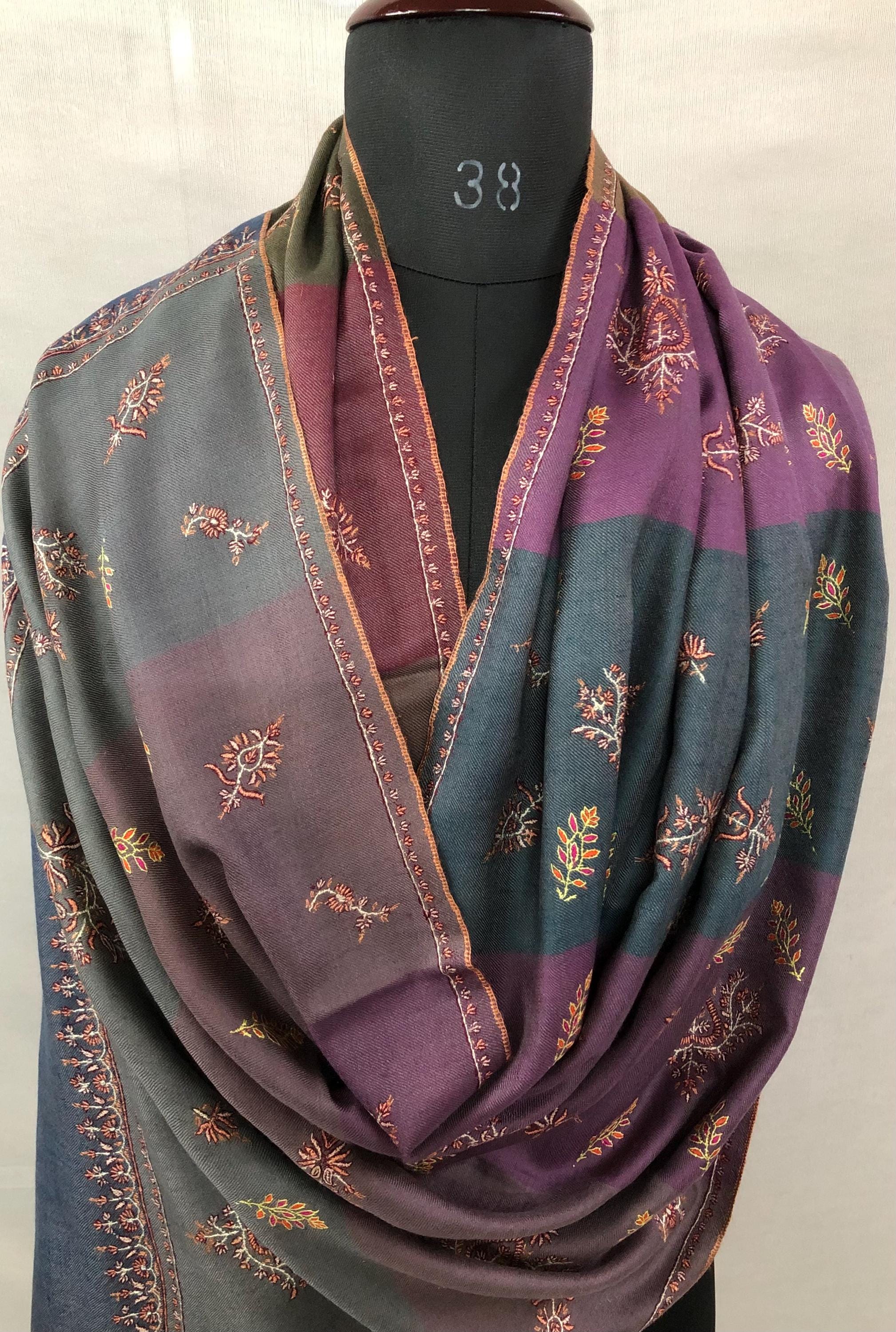 Multicoloured Big Stripes Handmade Super Micro Fine Embroidered Real Cashmere Pashmina Stole - Mehraj Crafts 