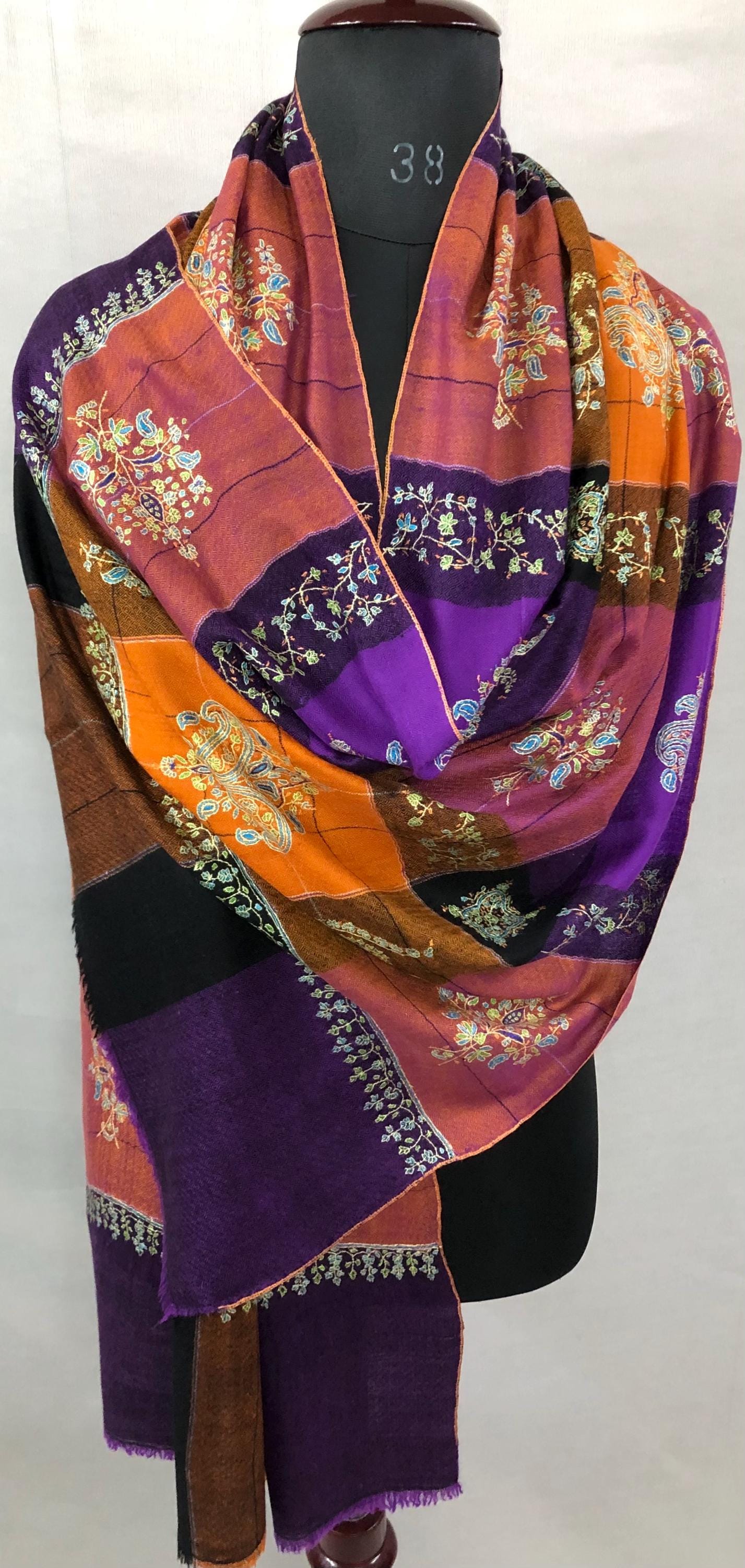 Multicoloured Plaid Check Pattern Handmade Microfine Embroidered Real Pashmina Stole - Mehraj Crafts 