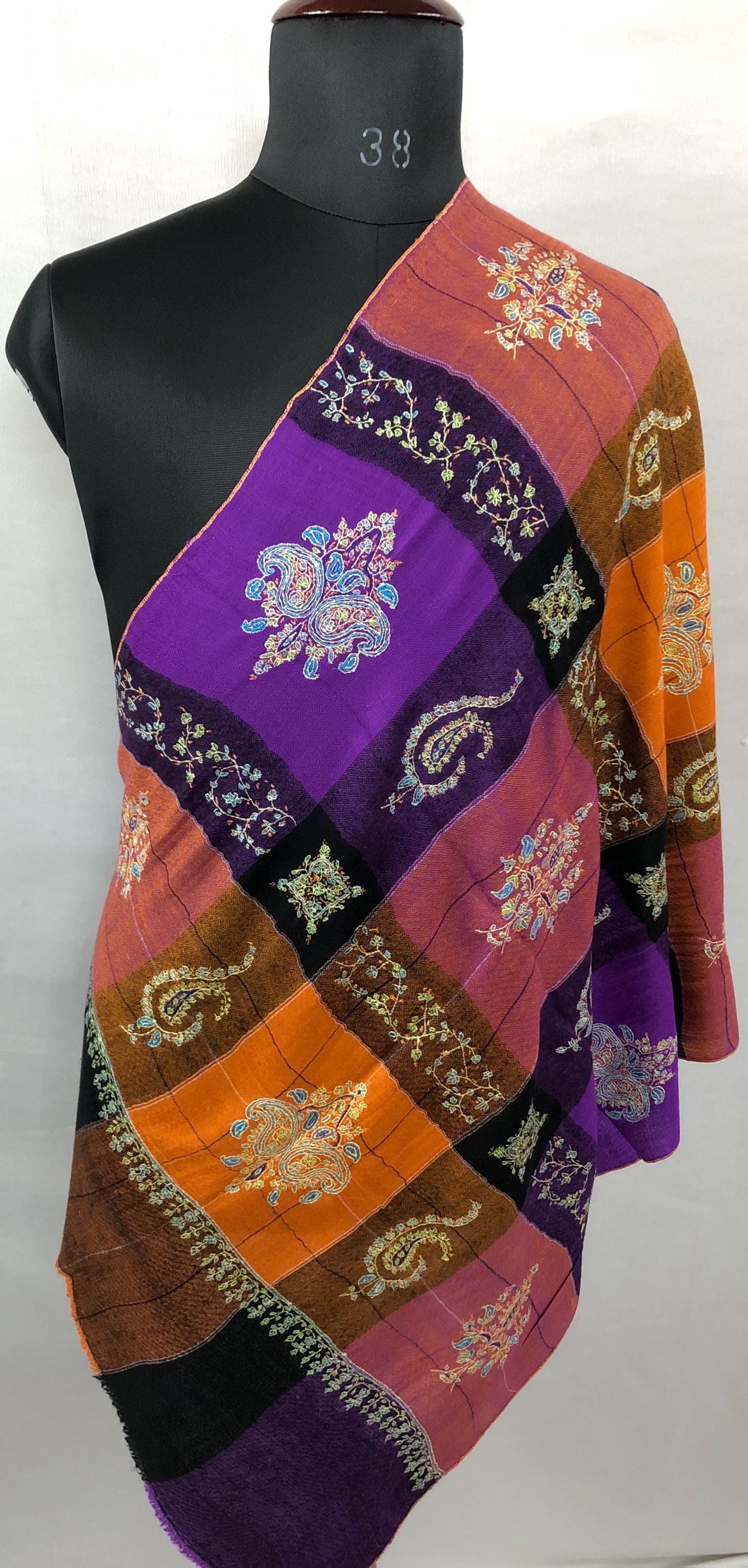 Multicoloured Plaid Check Pattern Handmade Microfine Embroidered Real Pashmina Stole - Mehraj Crafts 