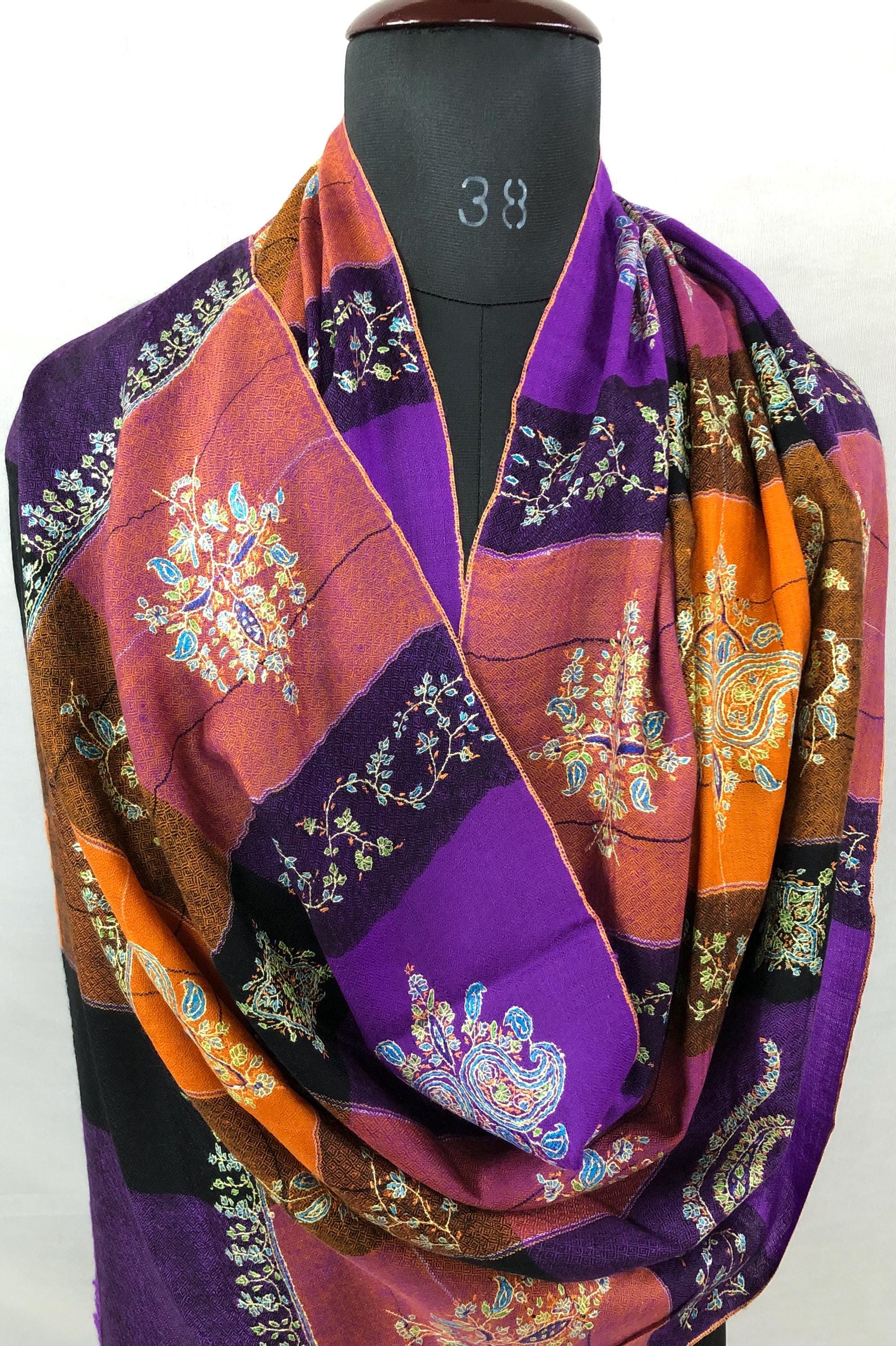 Multicoloured Plaid Check Pattern Handmade Microfine Embroidered Real Pashmina Stole - Mehraj Crafts 