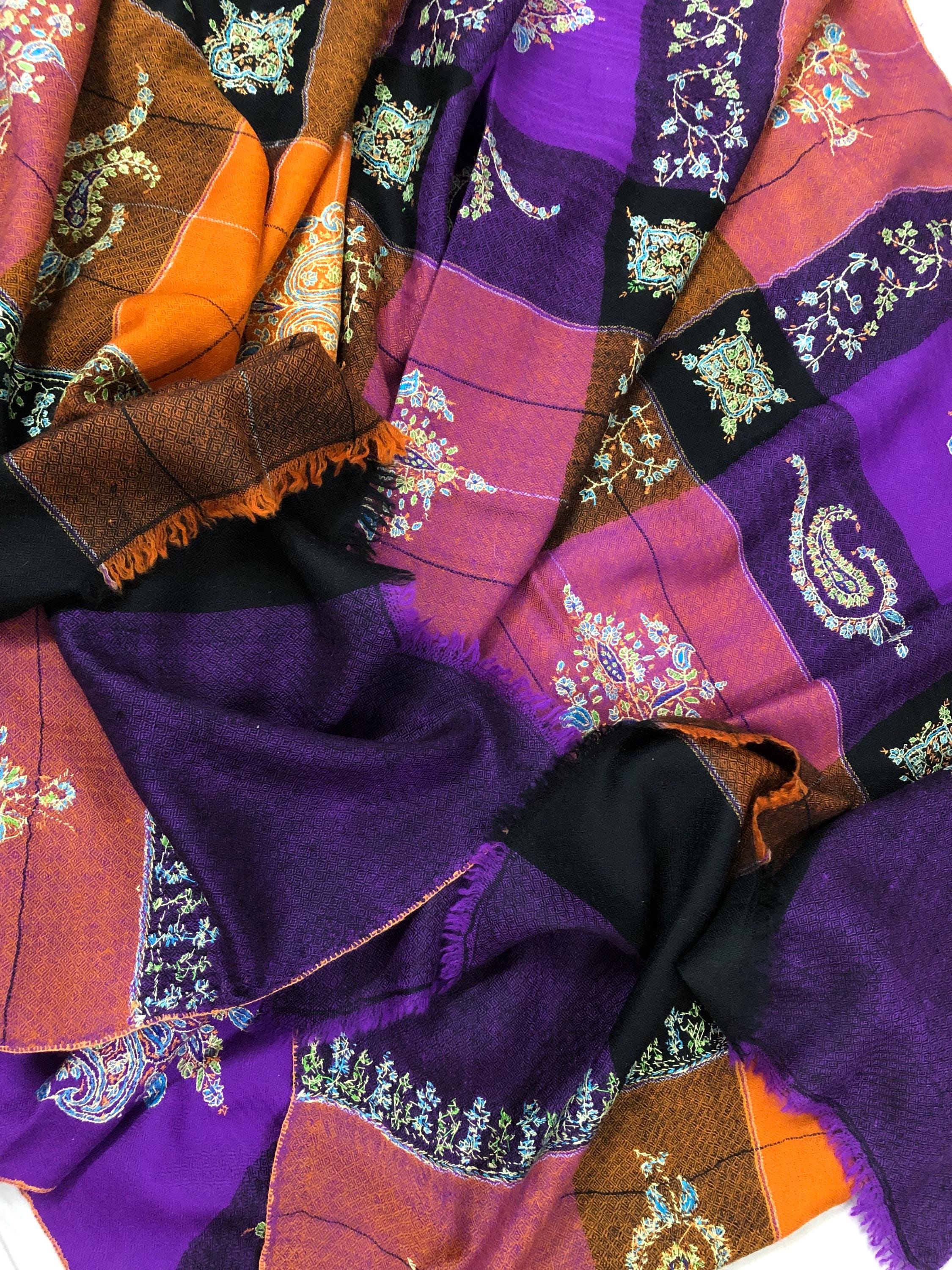 Multicoloured Plaid Check Pattern Handmade Microfine Embroidered Real Pashmina Stole - Mehraj Crafts 