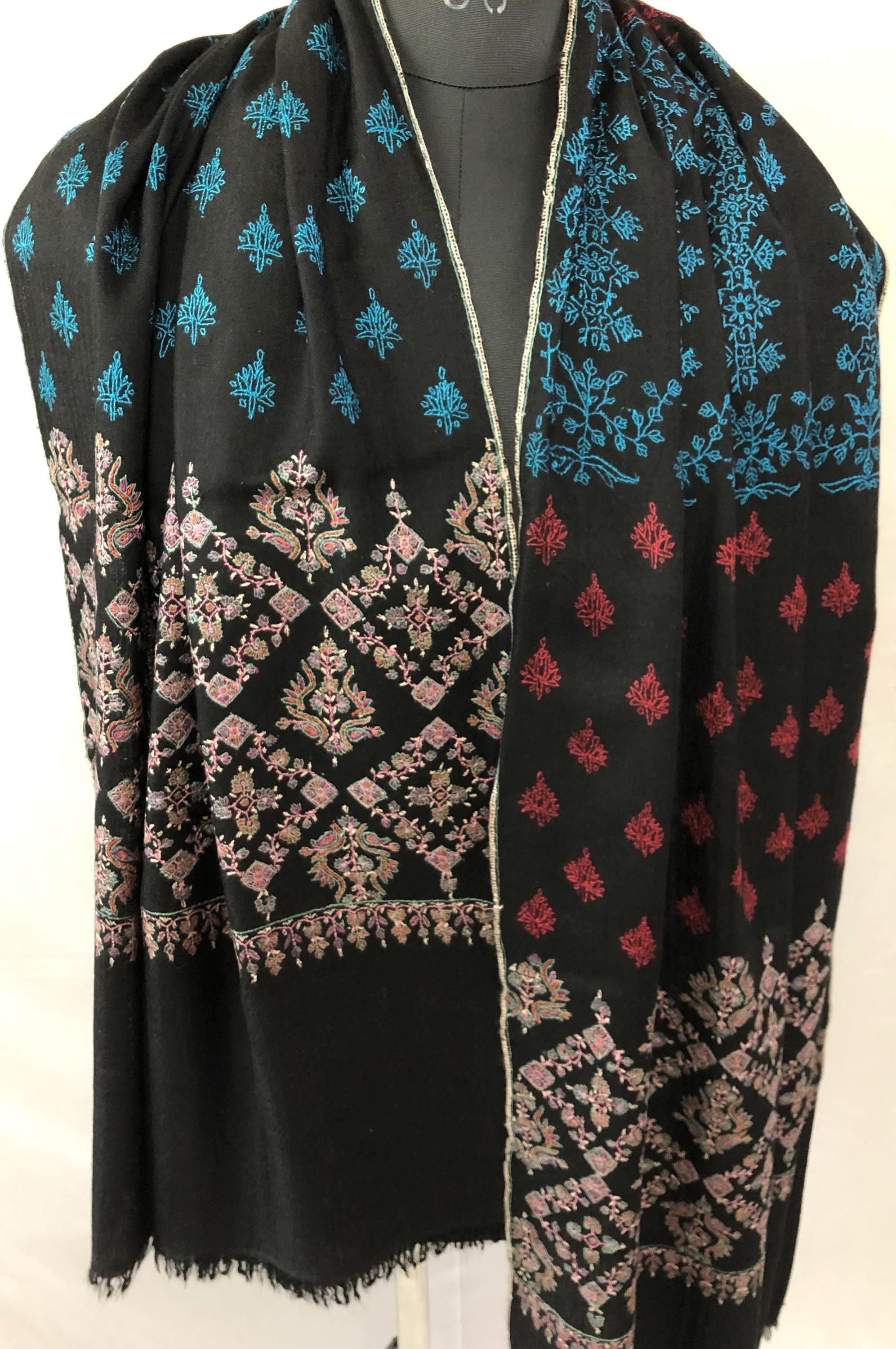 Black Modern Design Embroidery Handwoven Real Kashmir Pashmina Stole - Mehraj Crafts 