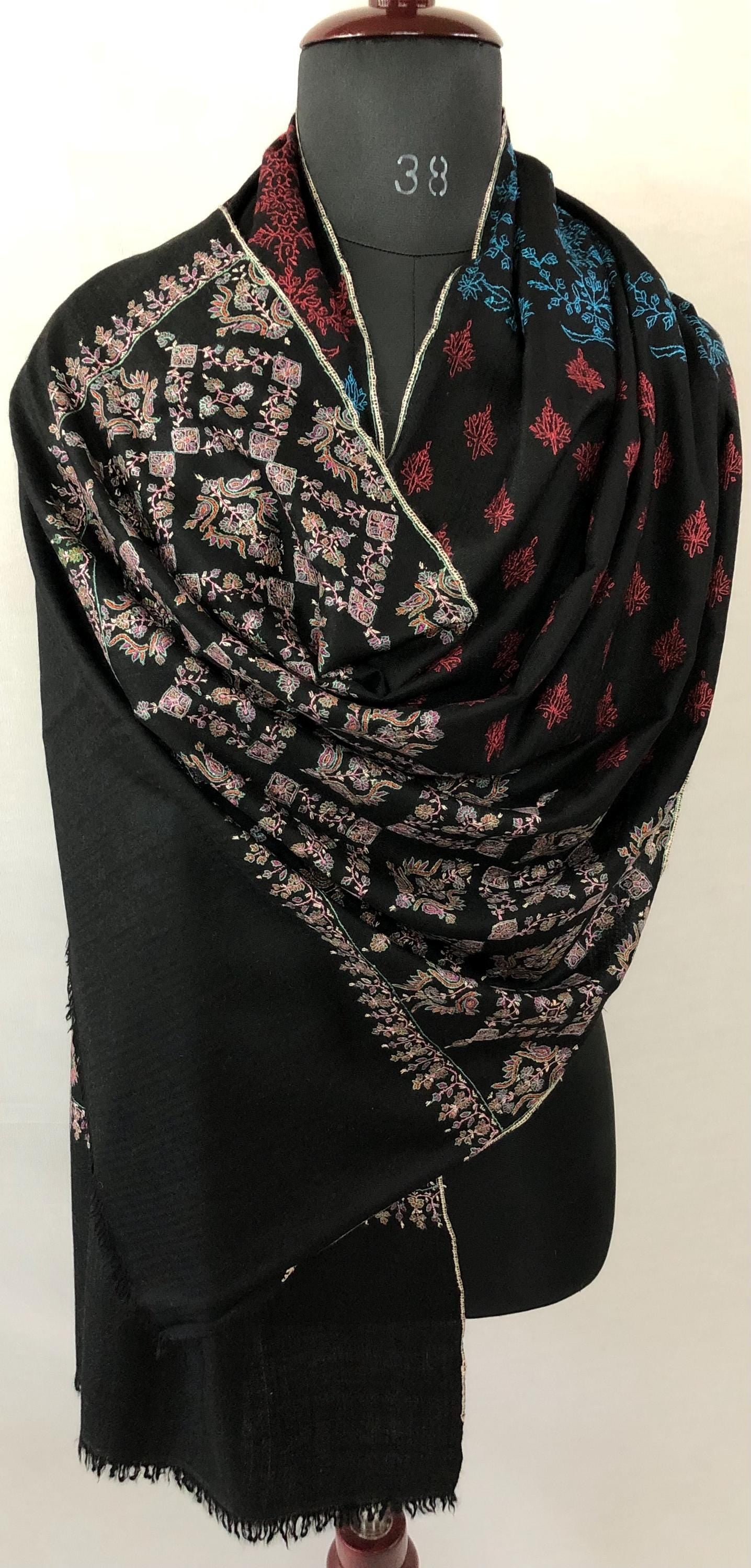 Black Modern Design Embroidery Handwoven Real Kashmir Pashmina Stole - Mehraj Crafts 