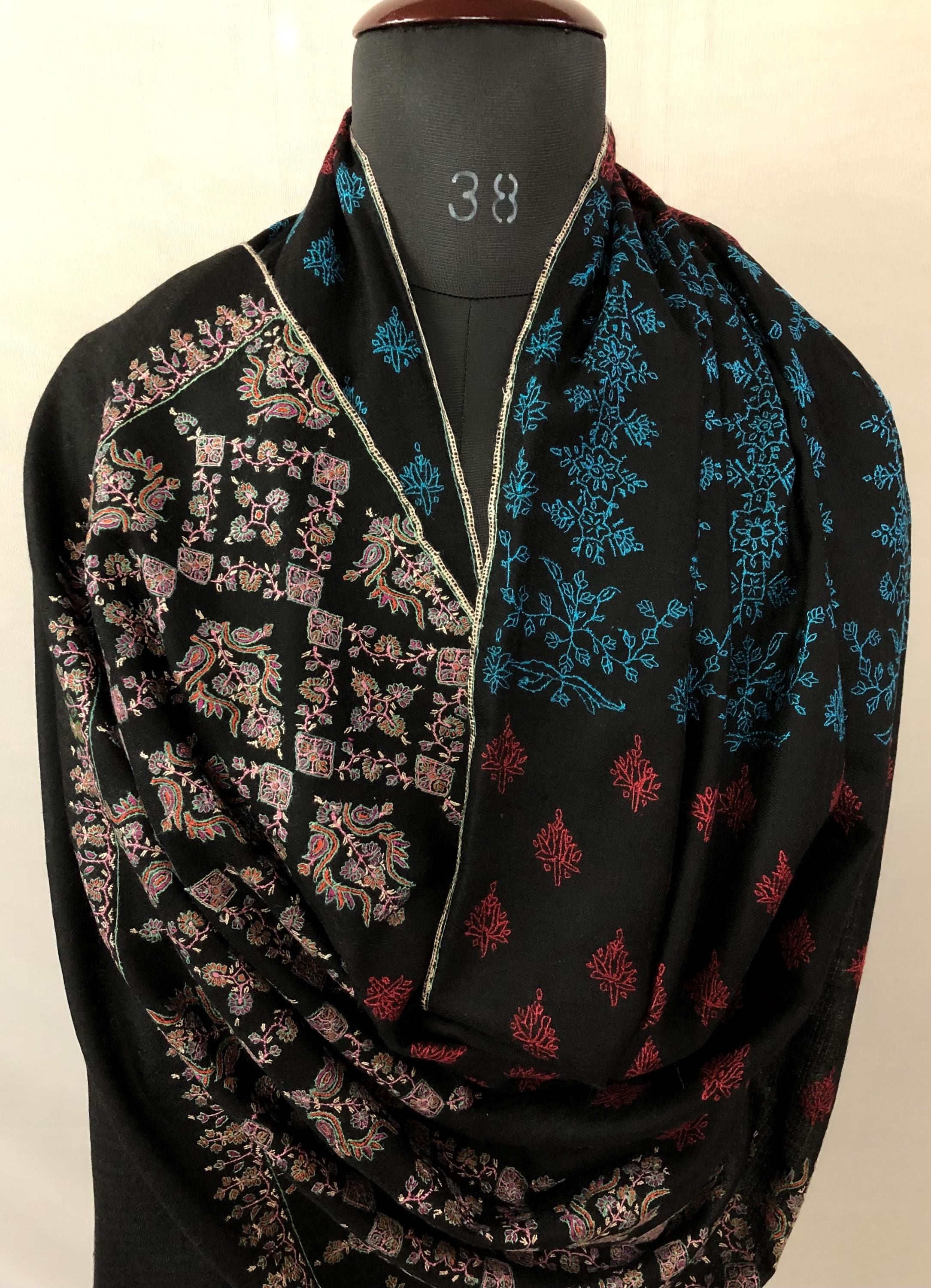 Black Modern Design Embroidery Handwoven Real Kashmir Pashmina Stole - Mehraj Crafts 