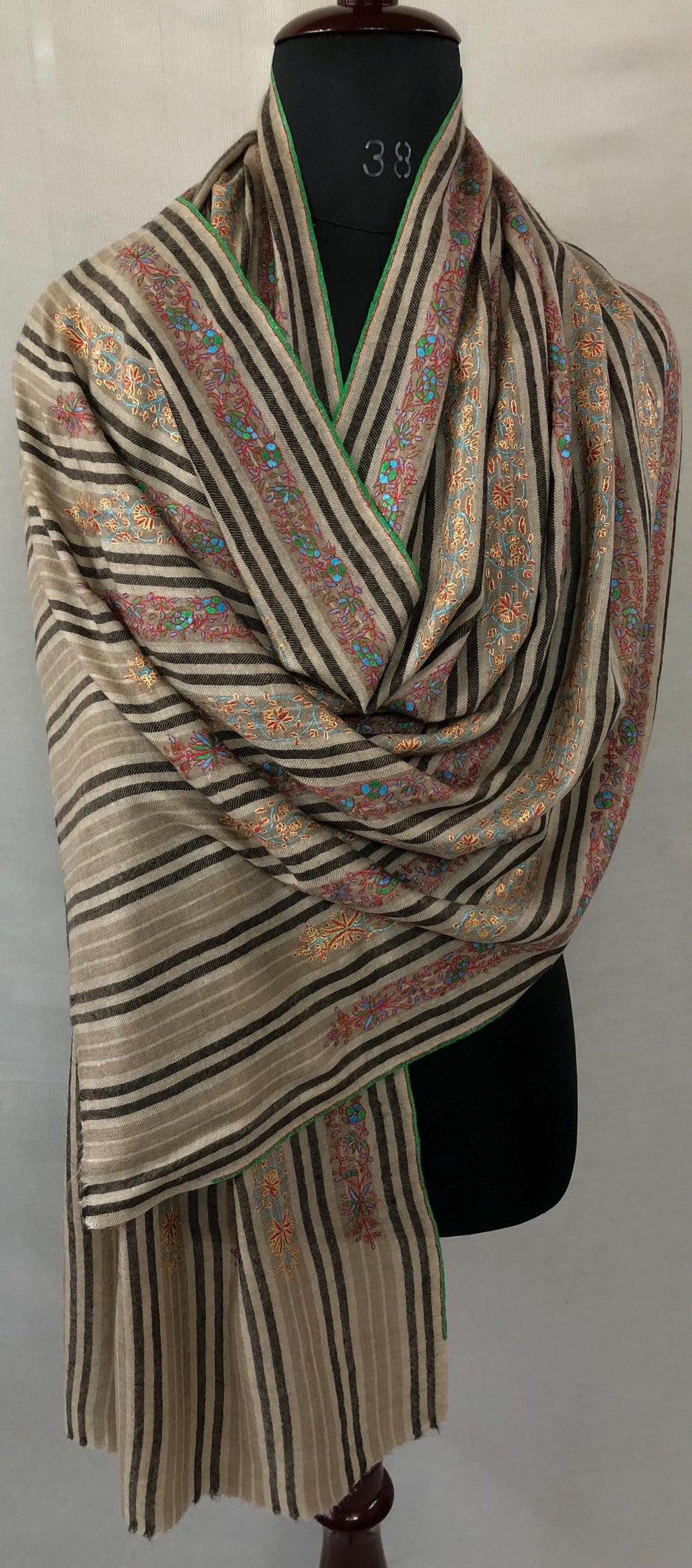 Designer Sozni Stripes Hand Embroidered Pure Kashmir Pashmina Stole - Mehraj Crafts 