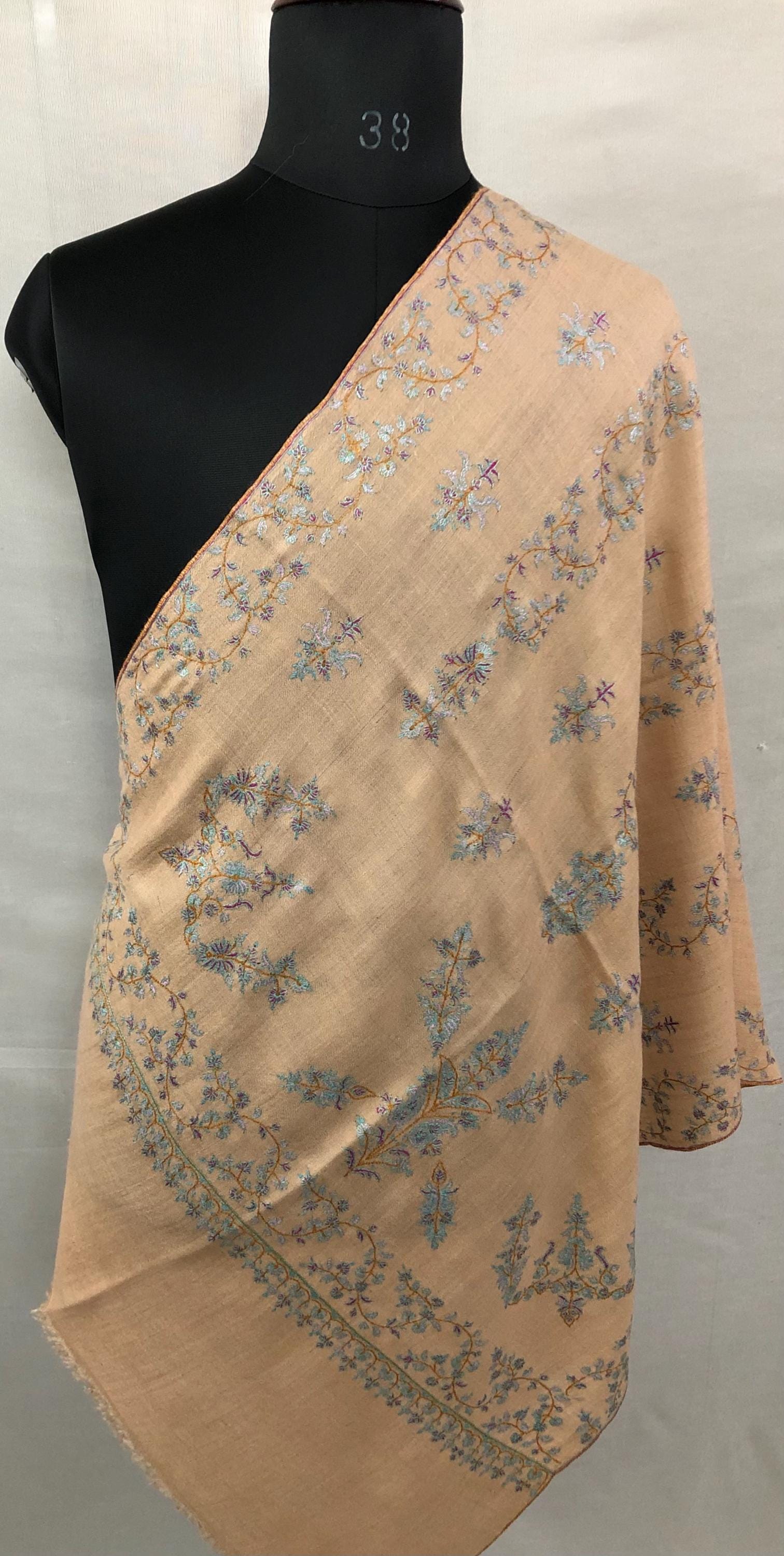 Almond Modern Design Sozani Hand Embroidered  Real Cashmere Pashmina Stole - Mehraj Crafts 