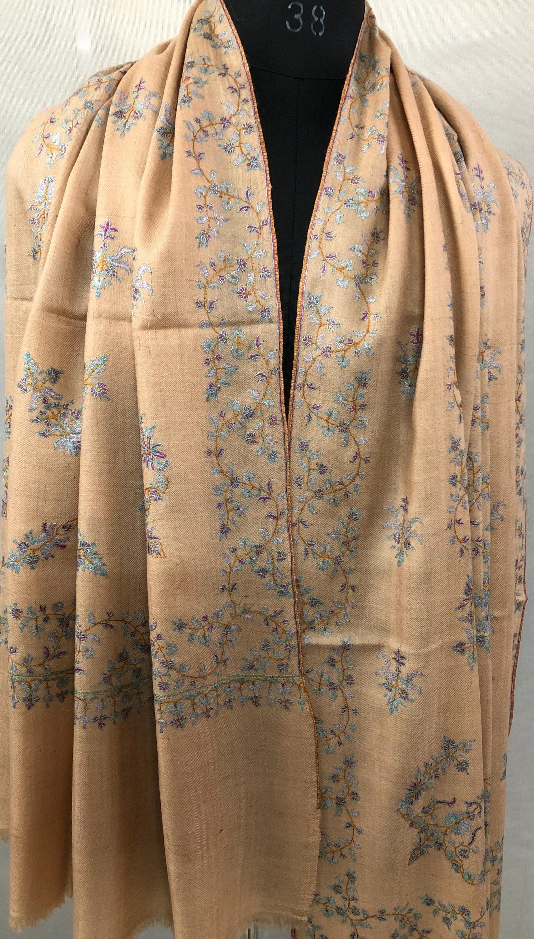Almond Modern Design Sozani Hand Embroidered  Real Cashmere Pashmina Stole - Mehraj Crafts 