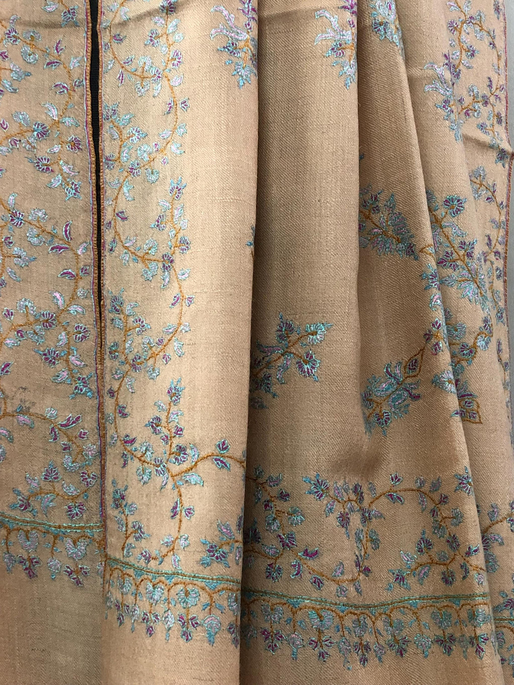 Almond Modern Design Sozani Hand Embroidered  Real Cashmere Pashmina Stole - Mehraj Crafts 