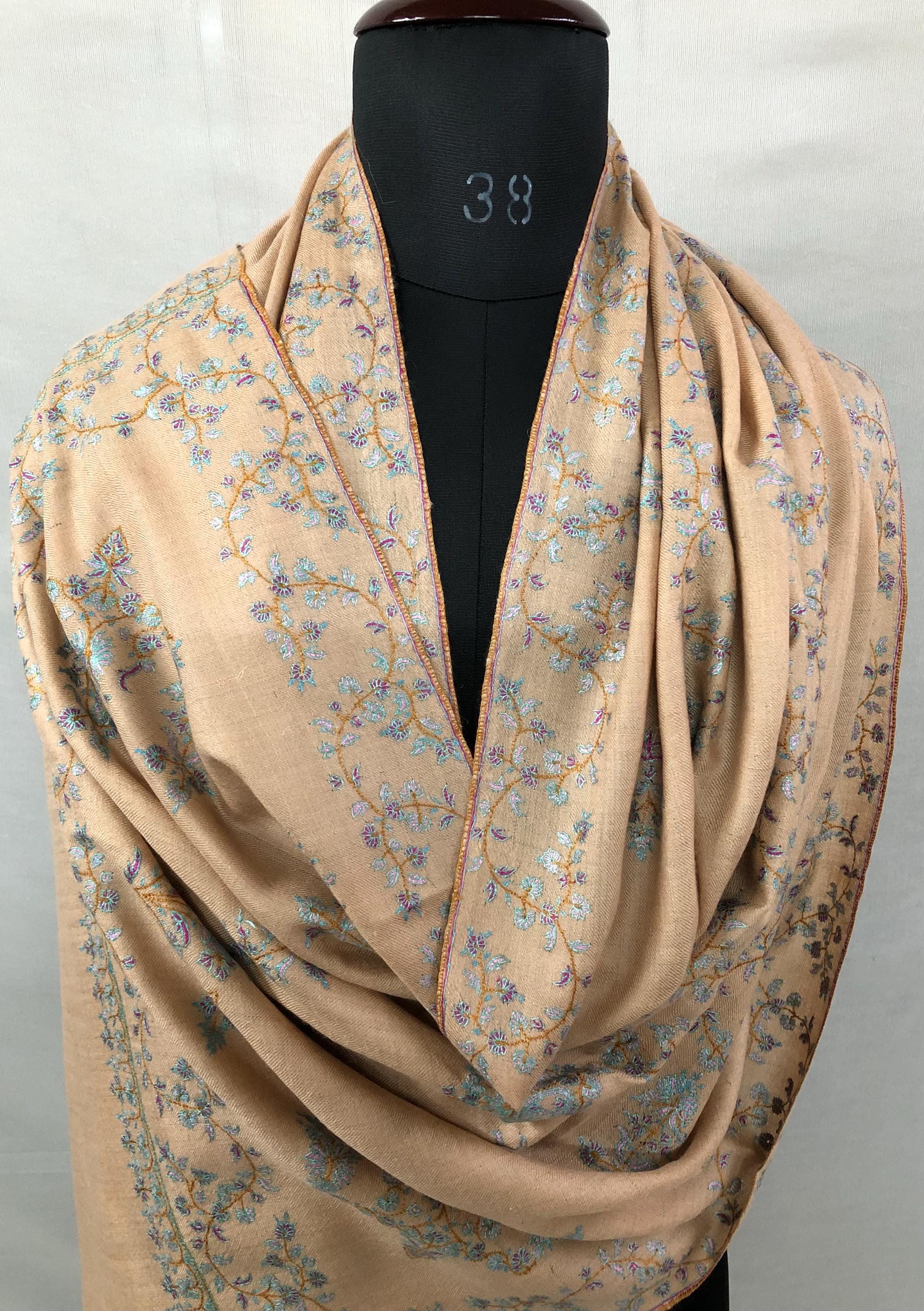Almond Modern Design Sozani Hand Embroidered  Real Cashmere Pashmina Stole - Mehraj Crafts 