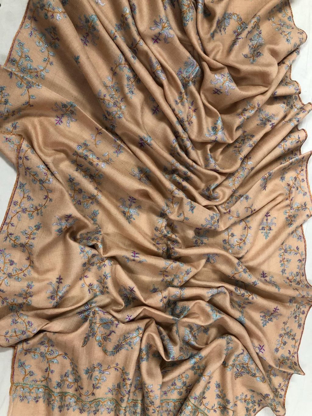 Almond Modern Design Sozani Hand Embroidered  Real Cashmere Pashmina Stole - Mehraj Crafts 