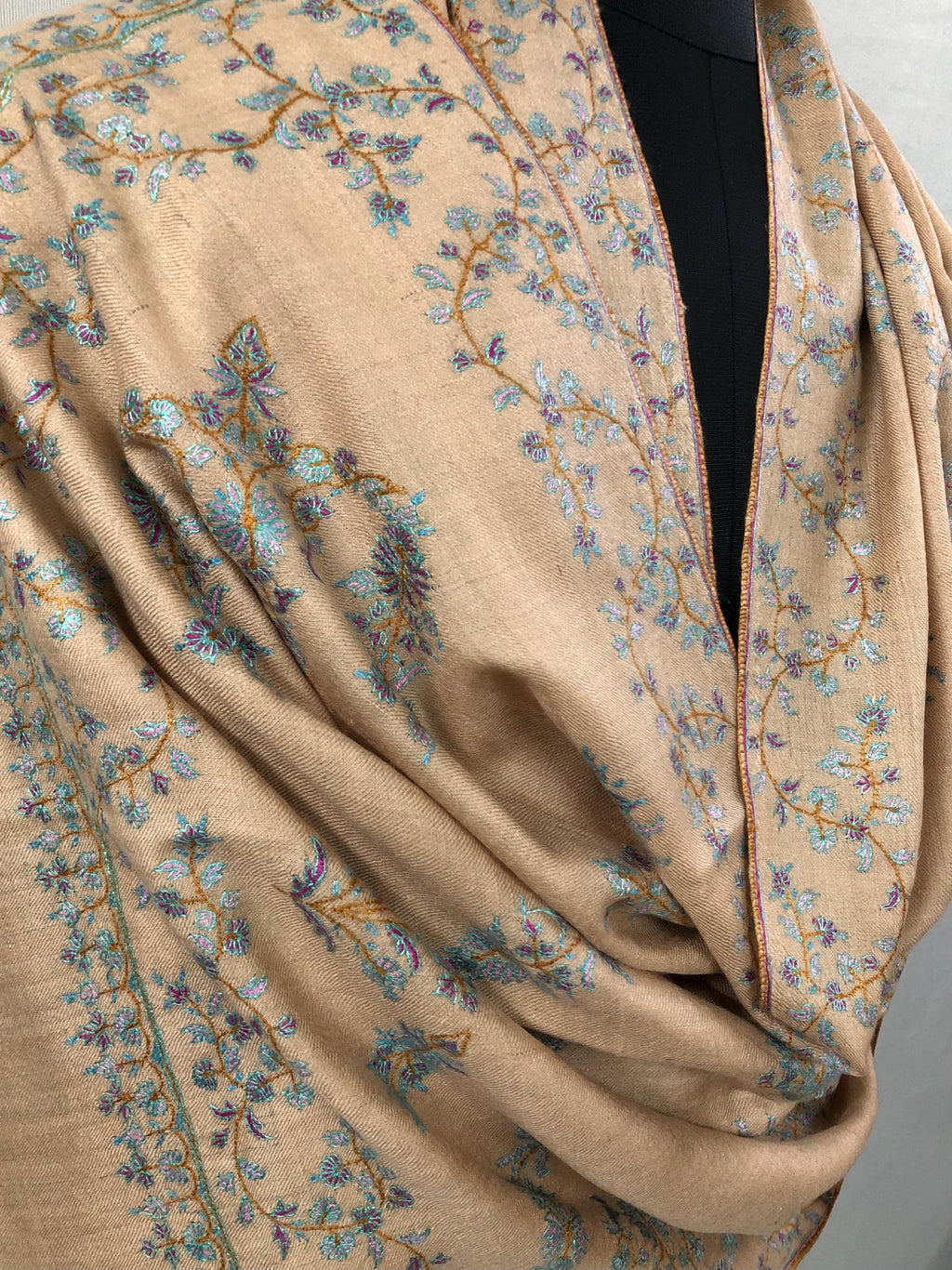 Almond Modern Design Sozani Hand Embroidered  Real Cashmere Pashmina Stole - Mehraj Crafts 