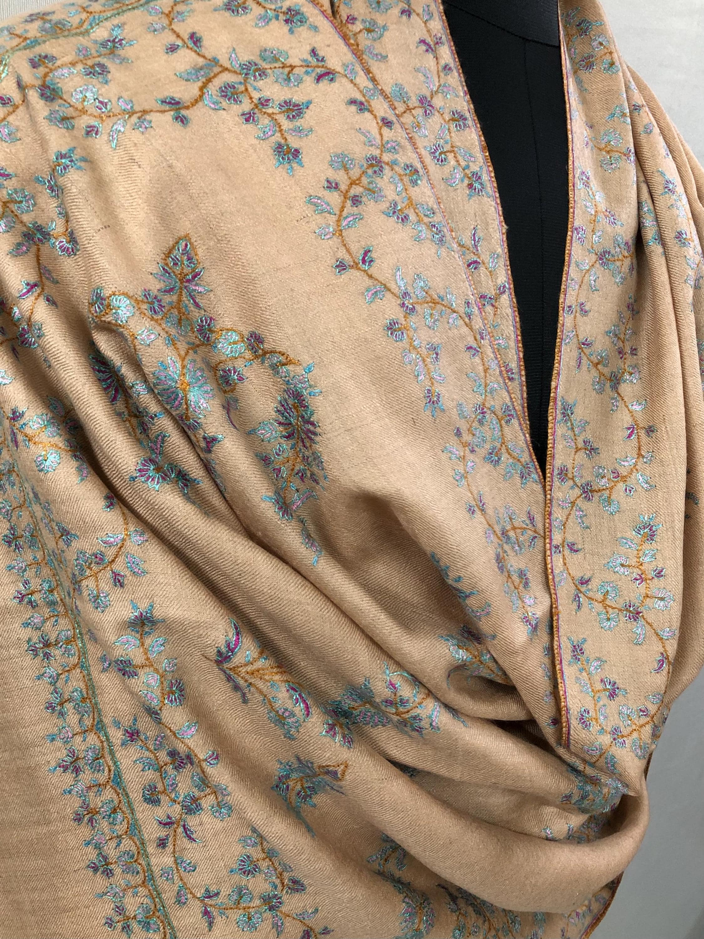 Almond Modern Design Sozani Hand Embroidered  Real Cashmere Pashmina Stole - Mehraj Crafts 