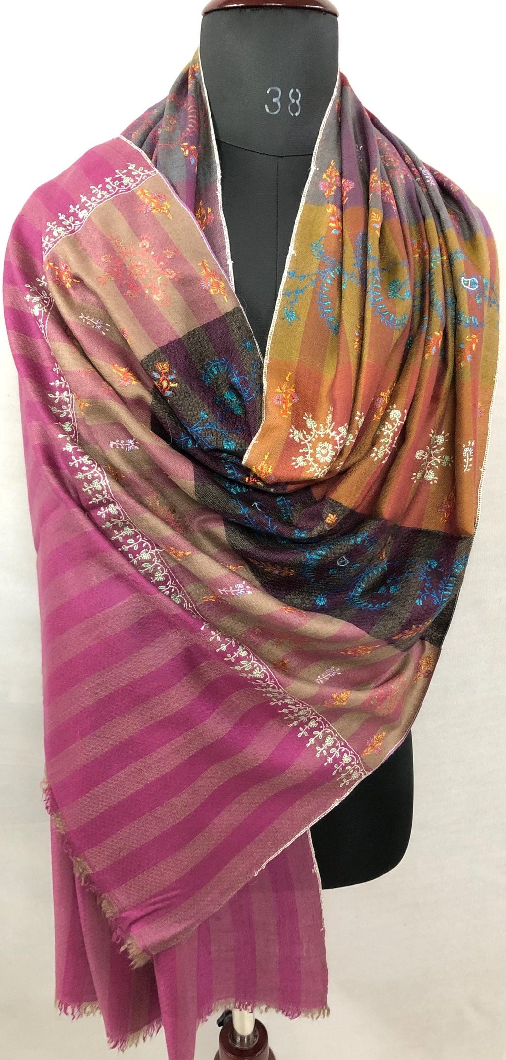 Multicoloured Handwoven Stripes with Multiple Microfine Embroidery Designs Real Cashmere Pashmina Stole - Mehraj Crafts 