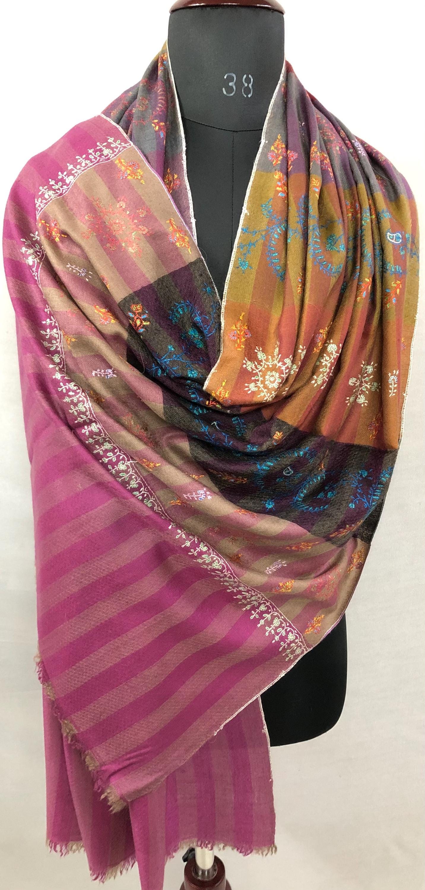 Multicoloured Handwoven Stripes with Multiple Microfine Embroidery Designs Real Cashmere Pashmina Stole - Mehraj Crafts 