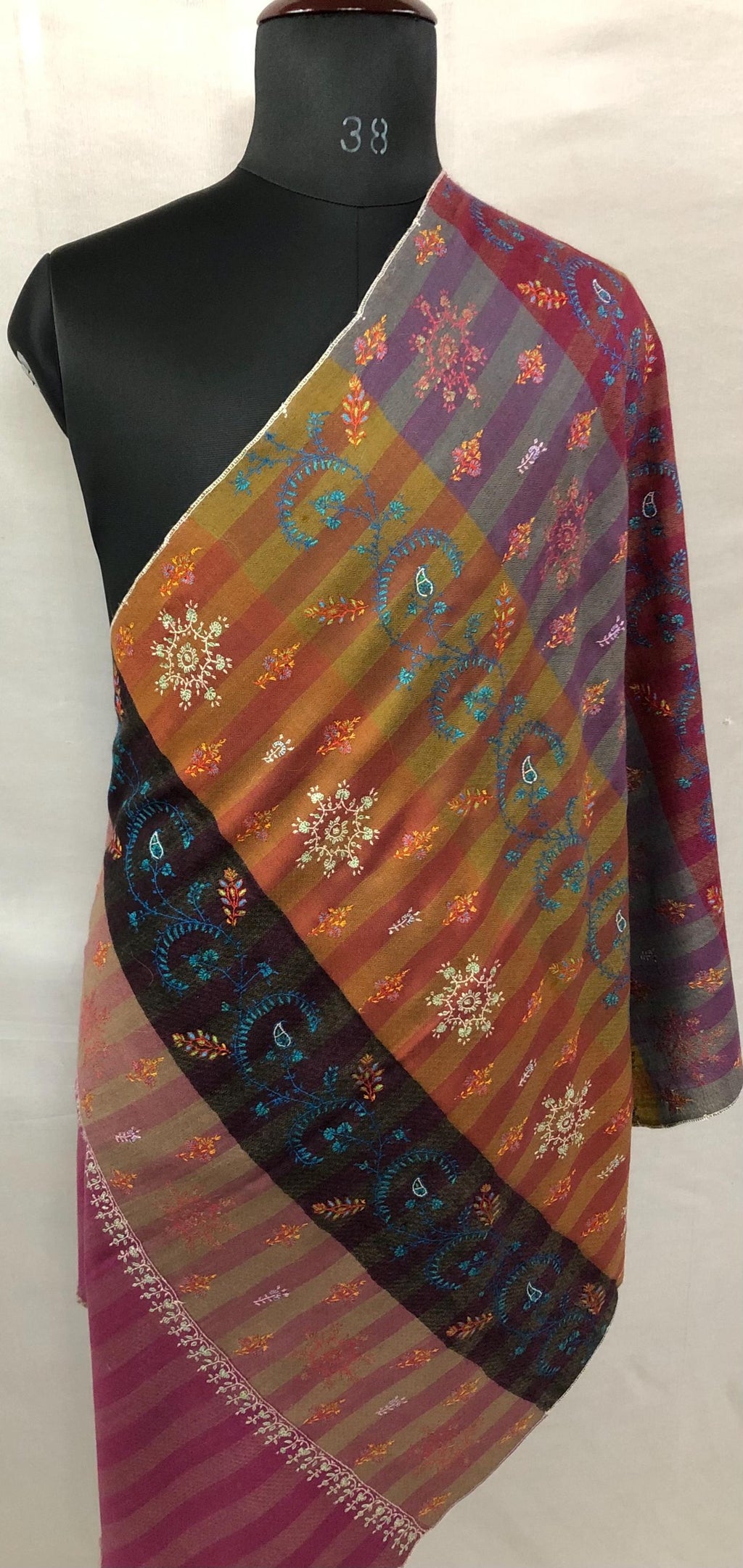 Multicoloured Handwoven Stripes with Multiple Microfine Embroidery Designs Real Cashmere Pashmina Stole - Mehraj Crafts 