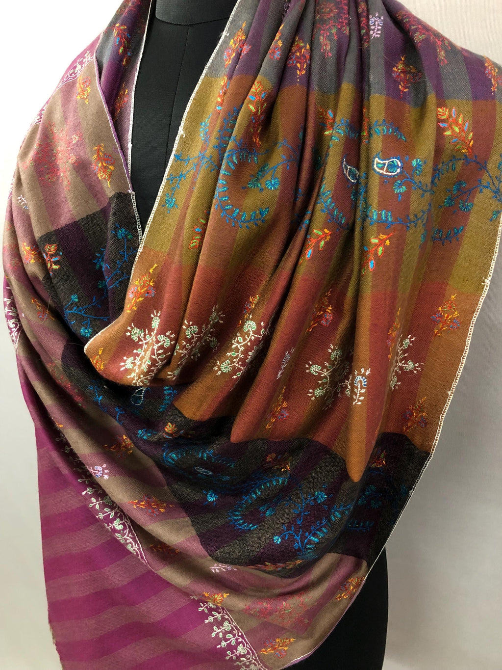Multicoloured Handwoven Stripes with Multiple Microfine Embroidery Designs Real Cashmere Pashmina Stole - Mehraj Crafts 