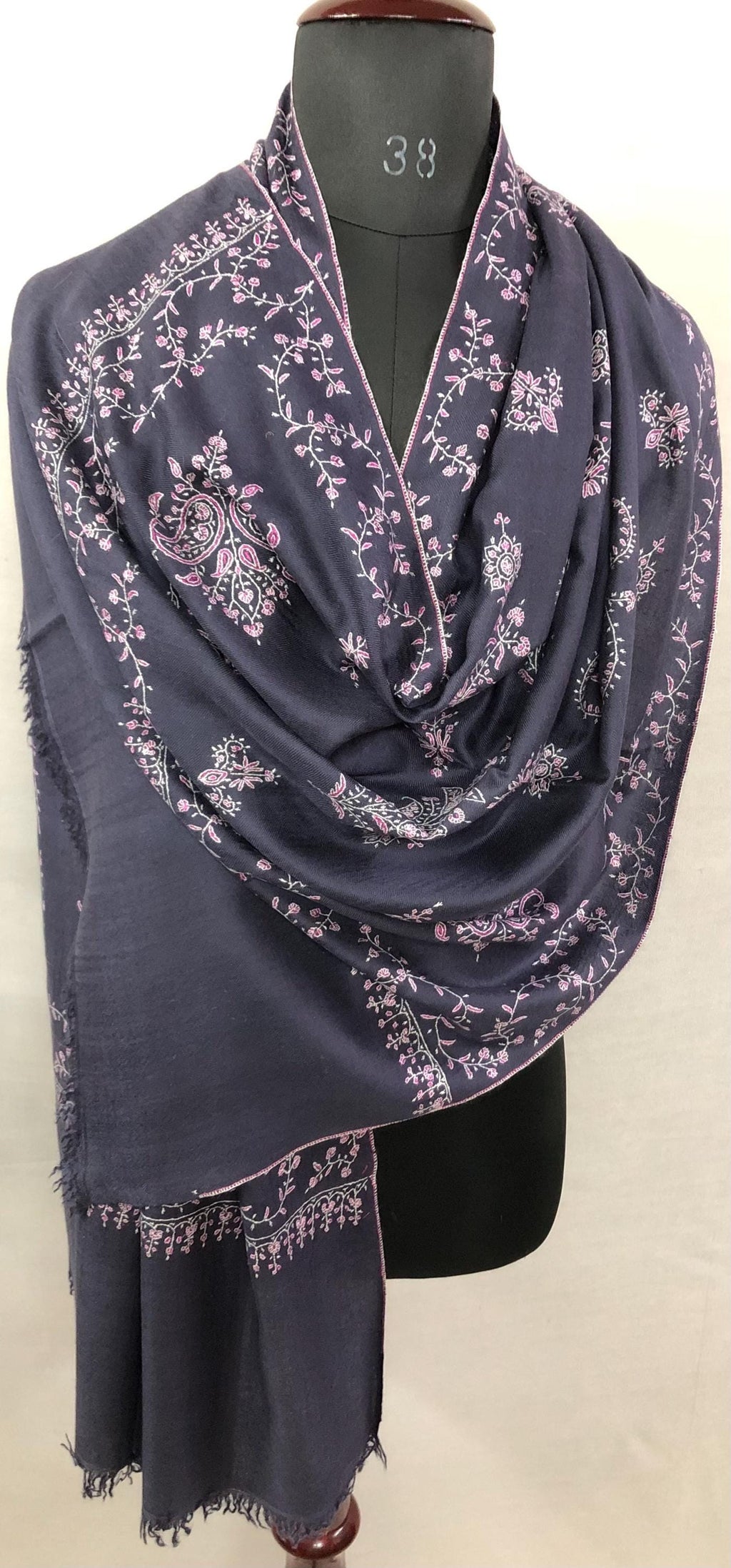 Handmade Pashmina Stole: Dark Gray Blue Cashmere Scarf with Pink Embroidery