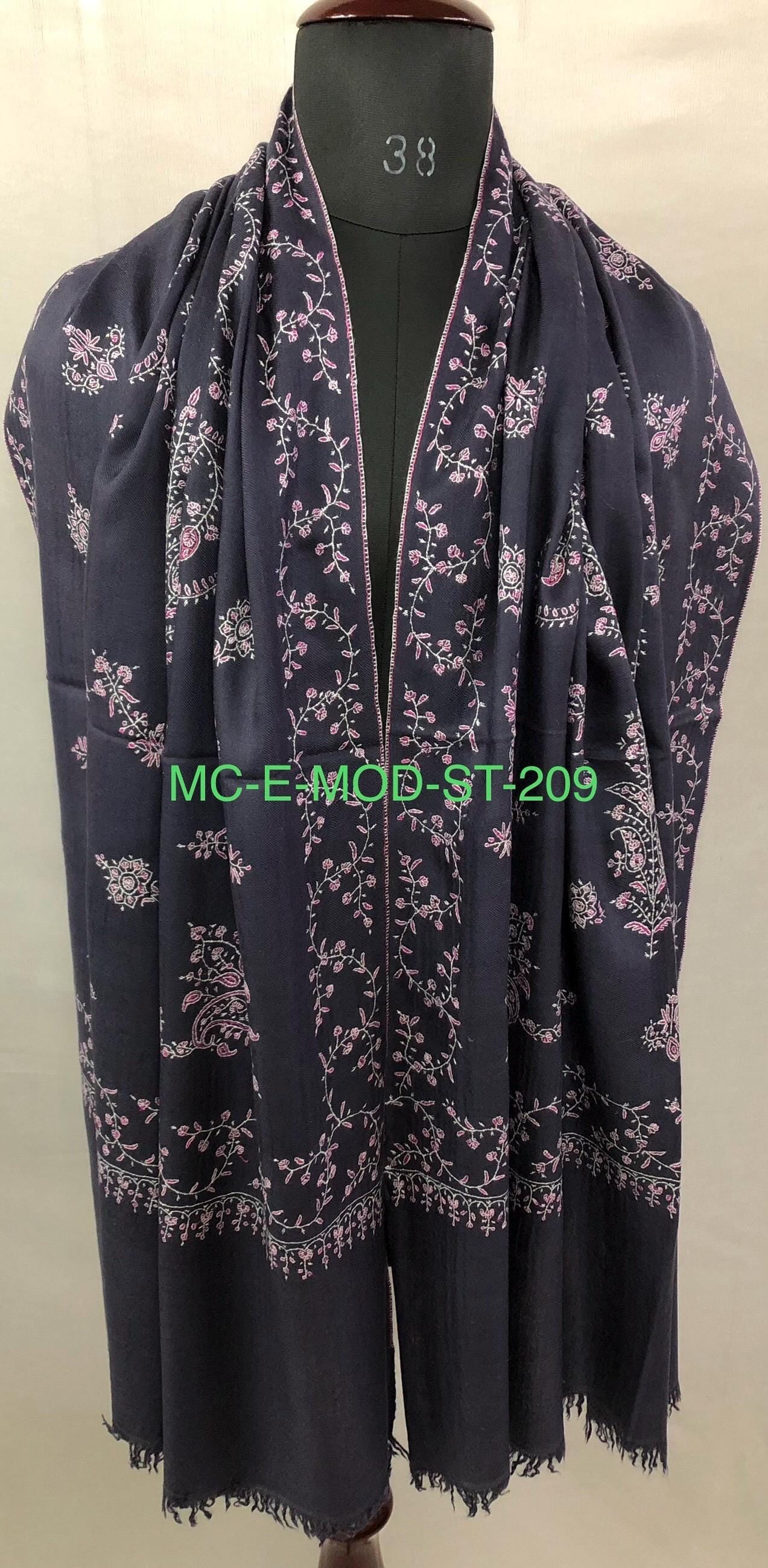 Dark Grayish Blue Handmade Real Pashmina Stole with Pink Modern Design Embroidery Design - Mehraj Crafts 