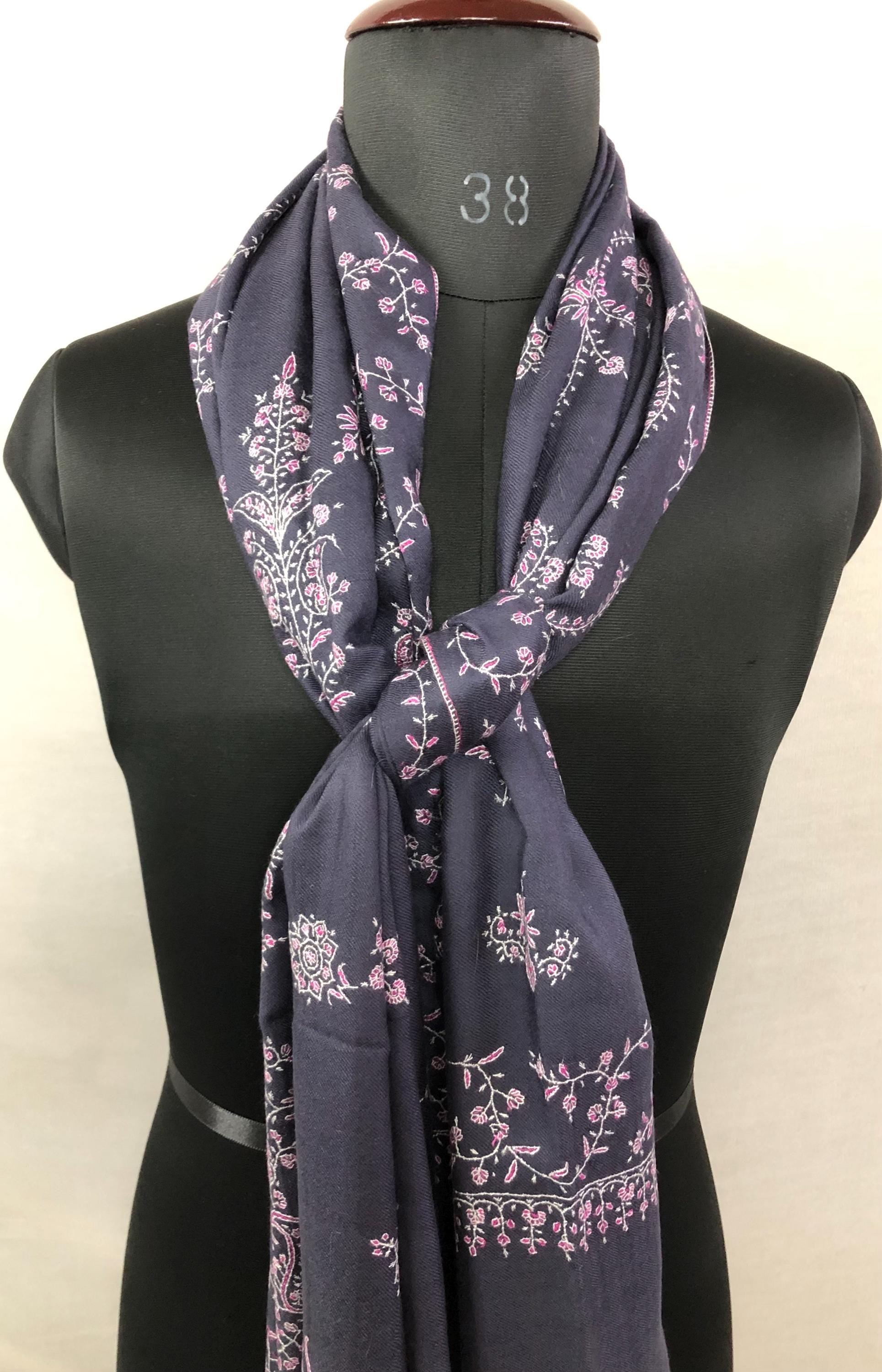 Handmade Pashmina Stole: Dark Gray Blue Cashmere Scarf with Pink Embroidery
