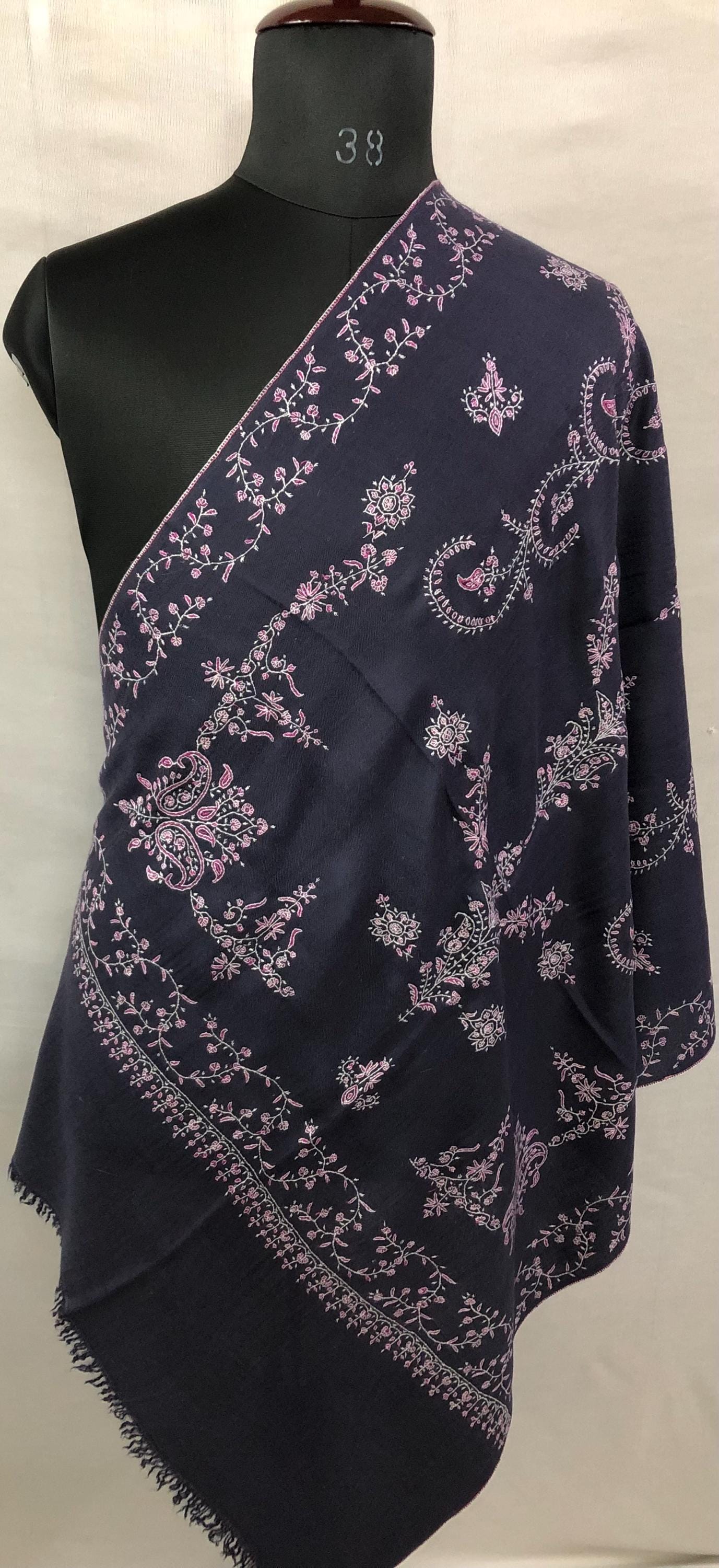 Dark Grayish Blue Handmade Real Pashmina Stole with Pink Modern Design Embroidery Design - Mehraj Crafts 
