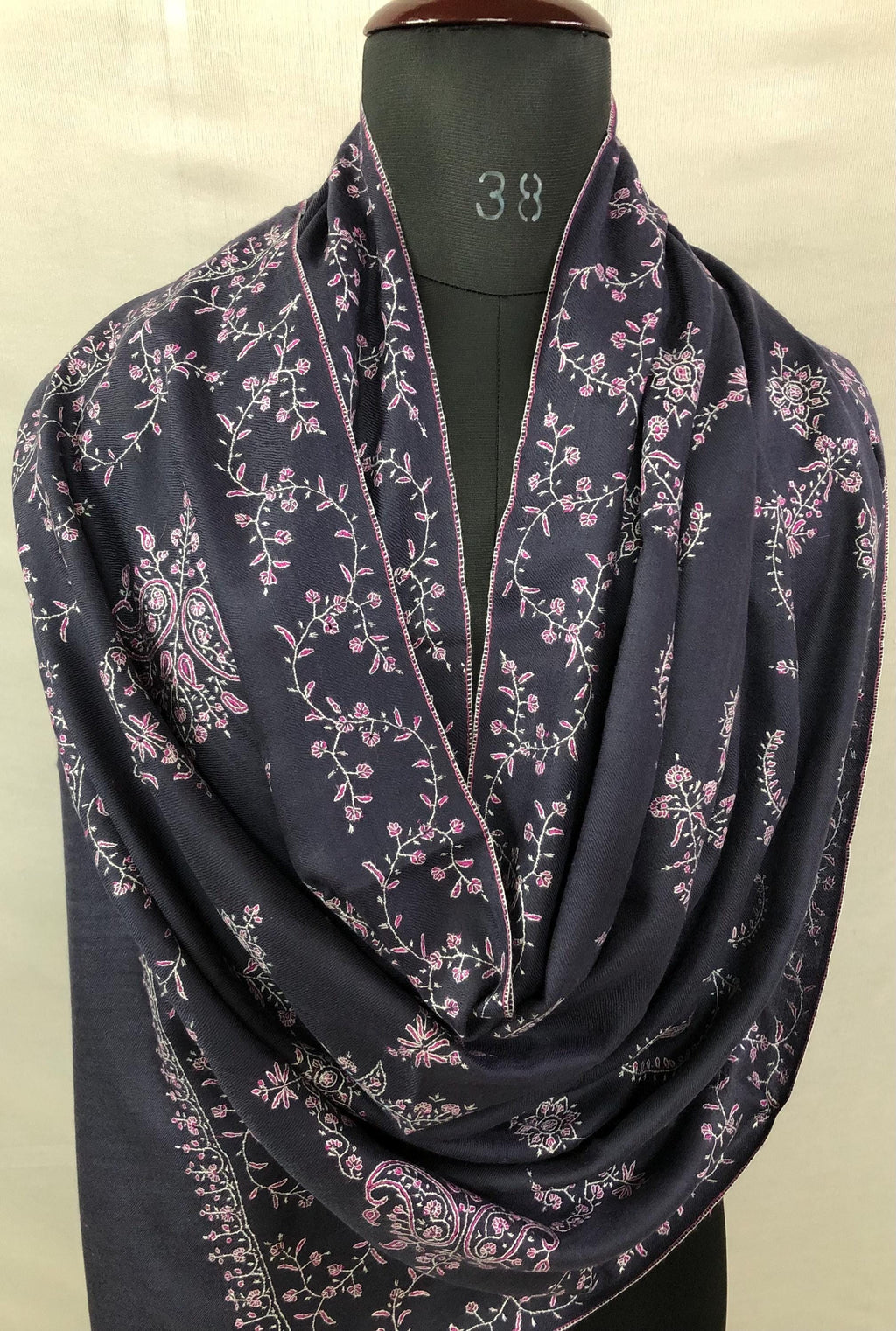 Handmade Pashmina Stole: Dark Gray Blue Cashmere Scarf with Pink Embroidery