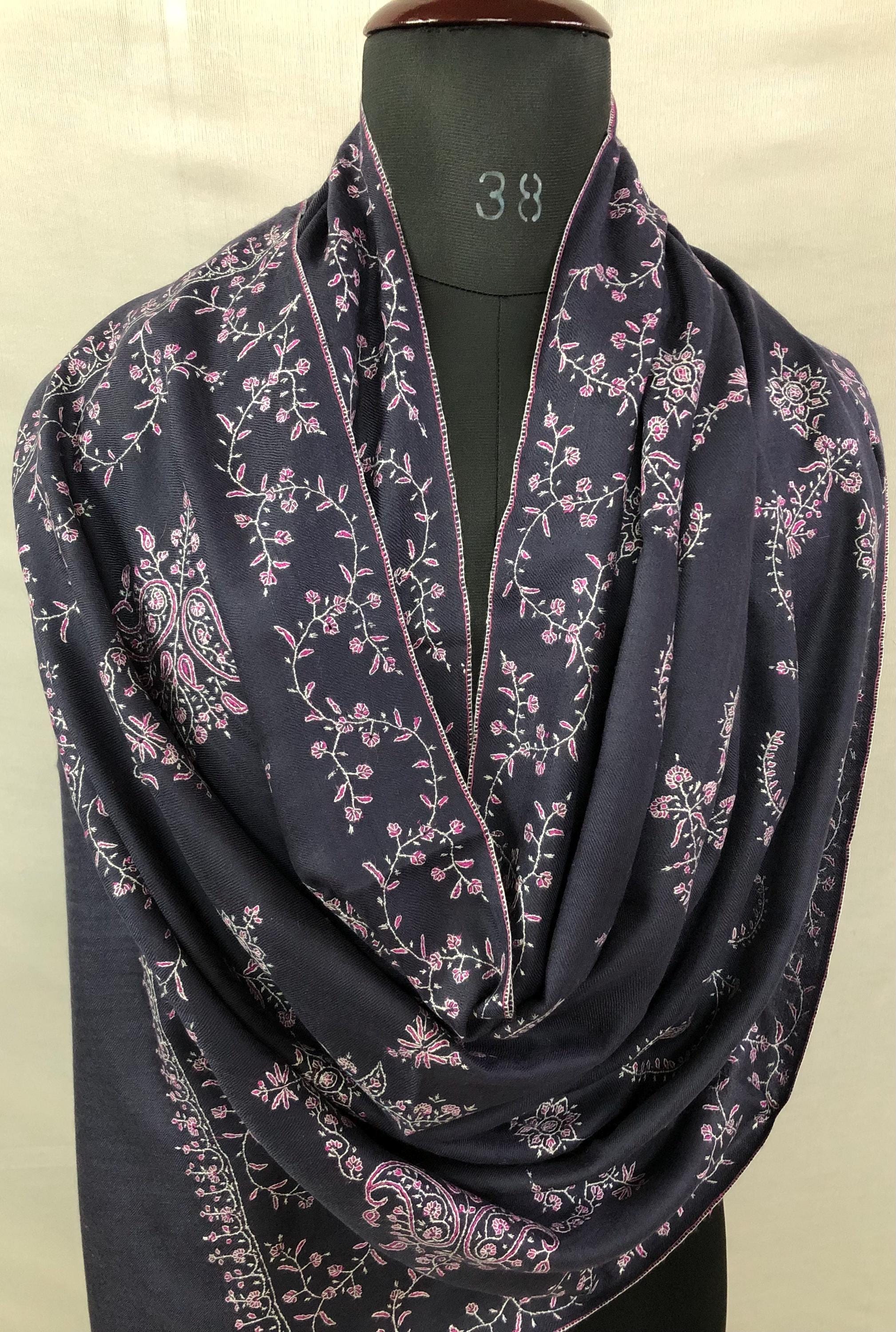Handmade Pashmina Stole: Dark Gray Blue Cashmere Scarf with Pink Embroidery