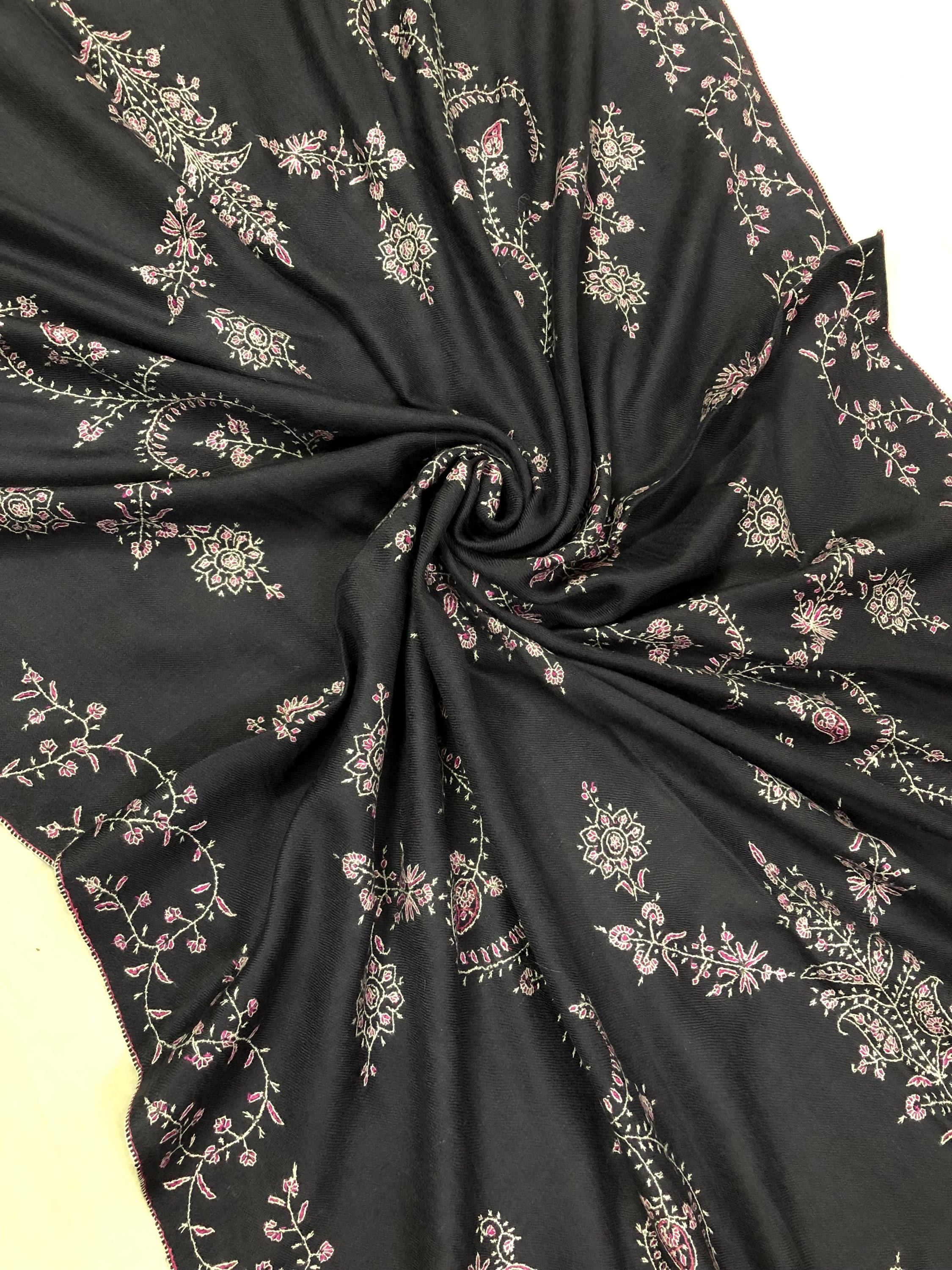 Dark Grayish Blue Handmade Real Pashmina Stole with Pink Modern Design Embroidery Design - Mehraj Crafts 