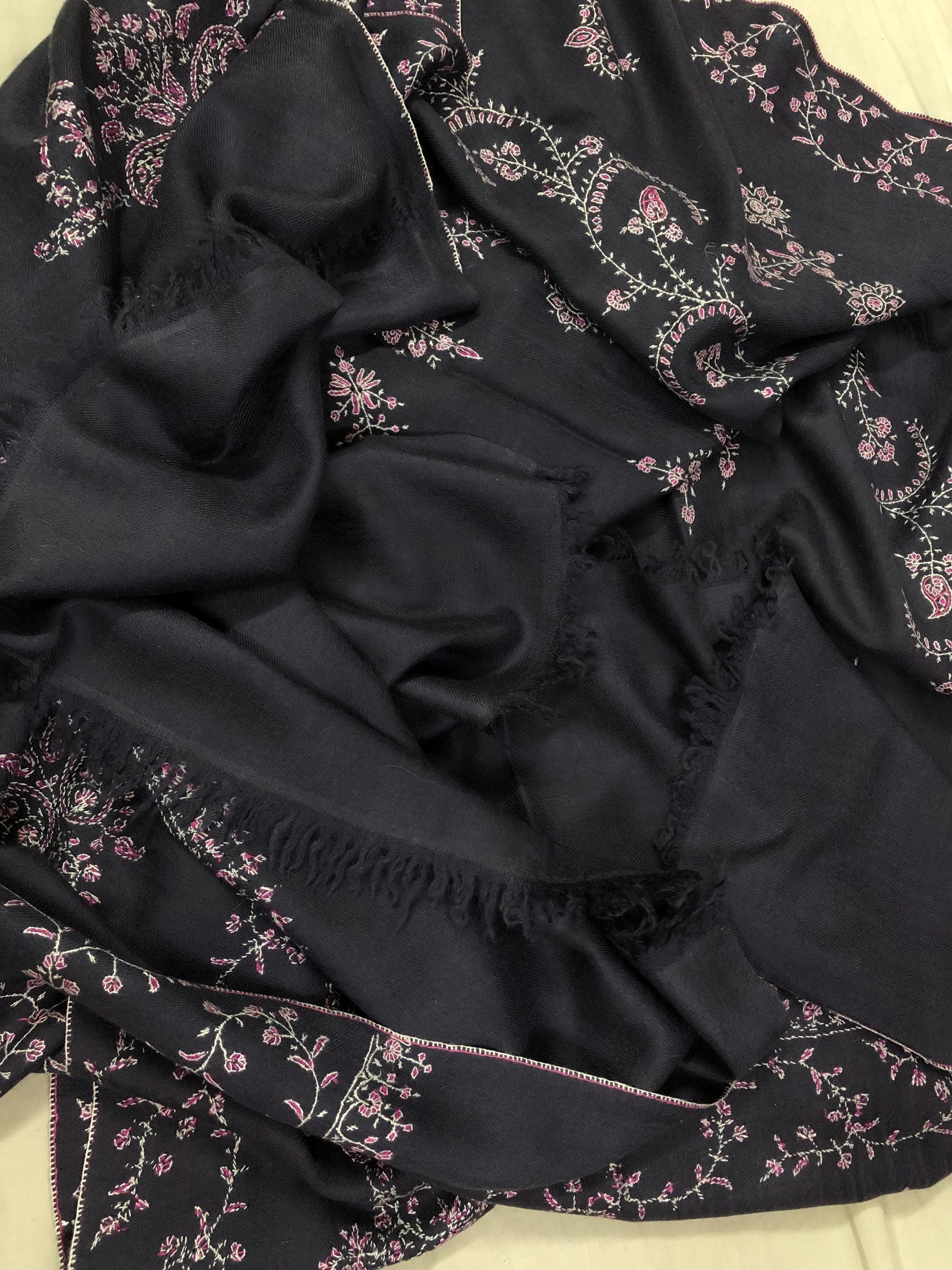 Handmade Pashmina Stole: Dark Gray Blue Cashmere Scarf with Pink Embroidery