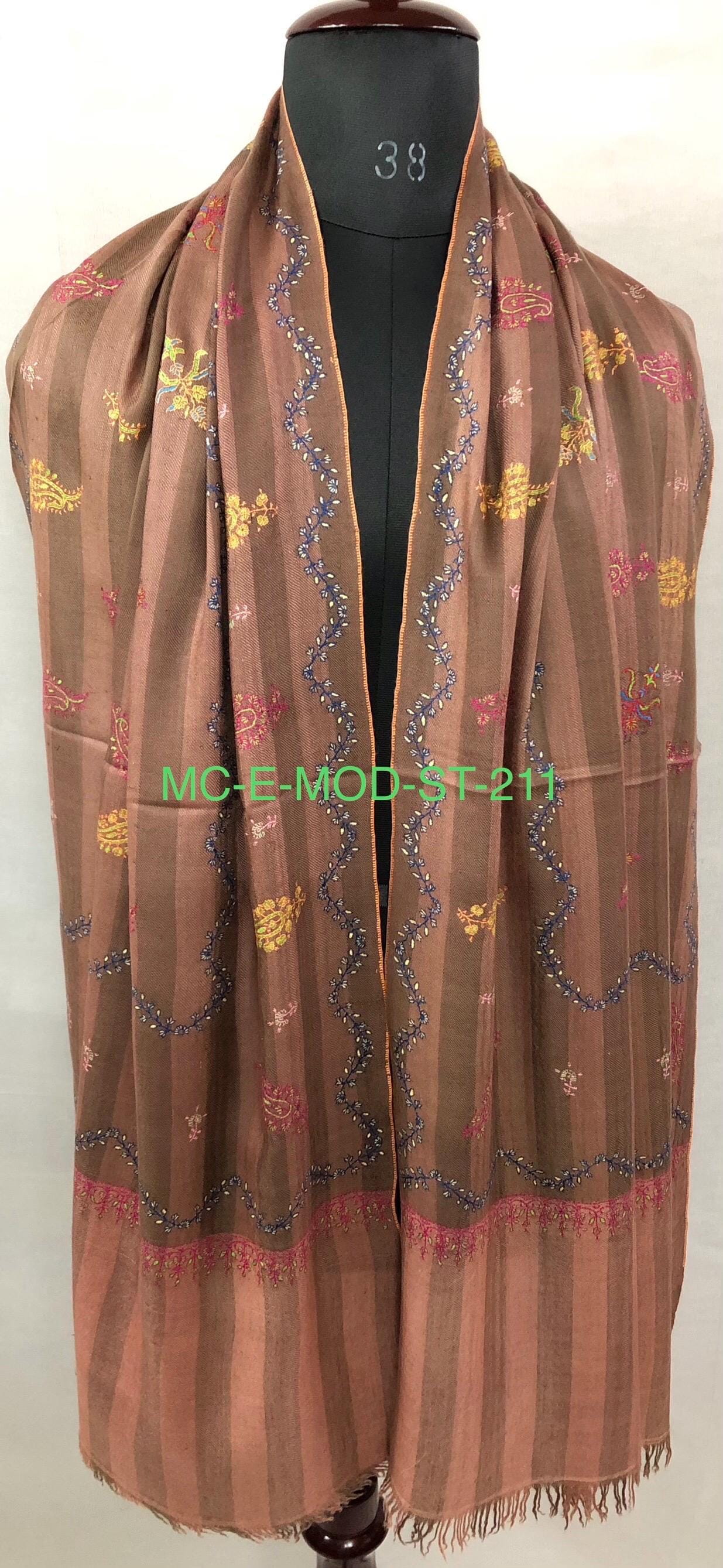 Rustic Clove Brown Handmade Stripes Real Pashmina Stole with Multiple Modern Embroidery Designs - Mehraj Crafts 