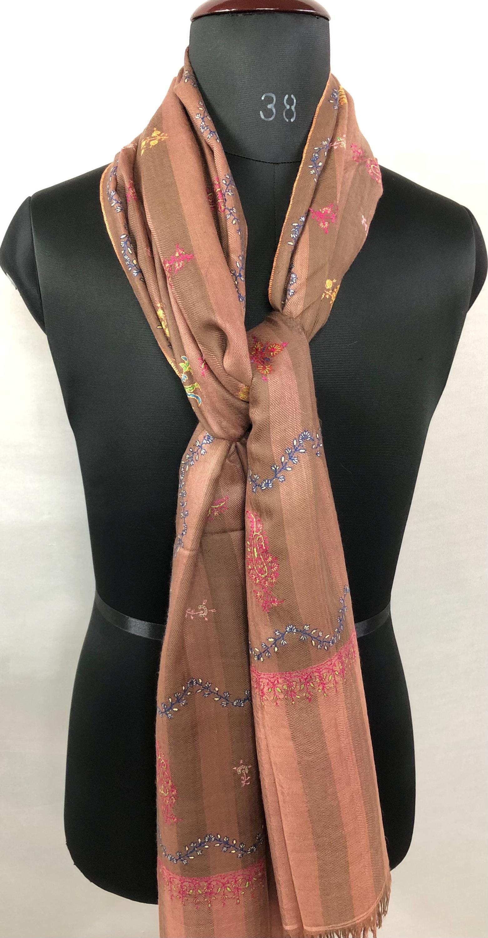 Rustic Clove Brown Handmade Stripes Real Pashmina Stole with Multiple Modern Embroidery Designs - Mehraj Crafts 