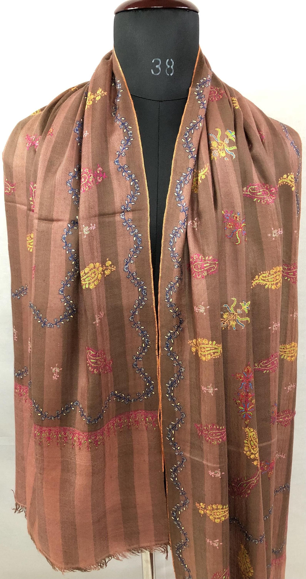 Rustic Clove Brown Handmade Stripes Real Pashmina Stole with Multiple Modern Embroidery Designs - Mehraj Crafts 