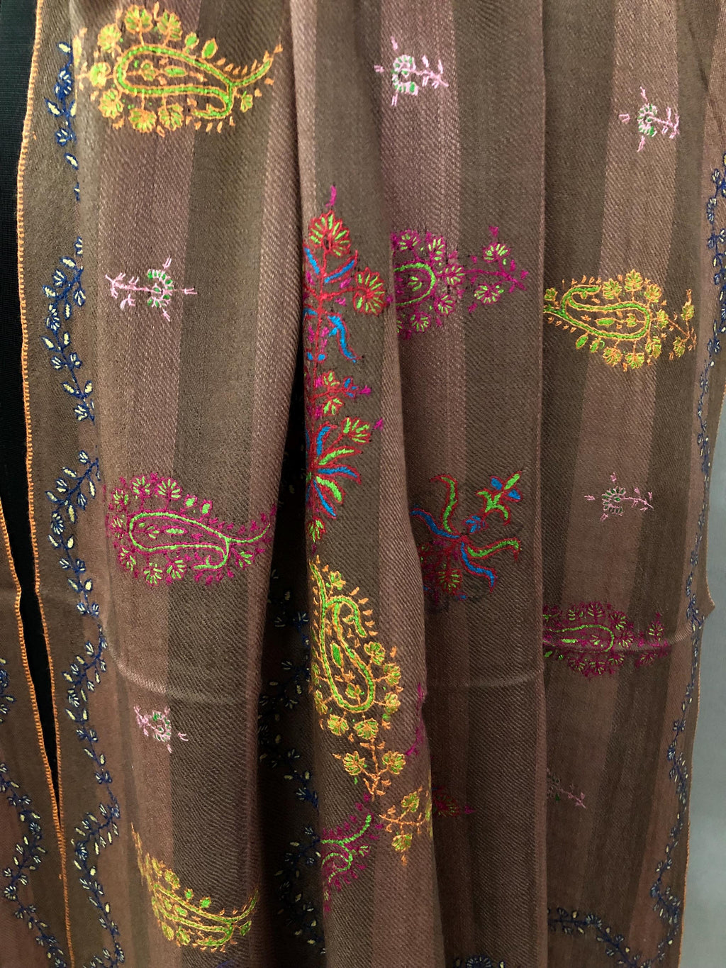 Rustic Clove Brown Handmade Stripes Real Pashmina Stole with Multiple Modern Embroidery Designs - Mehraj Crafts 